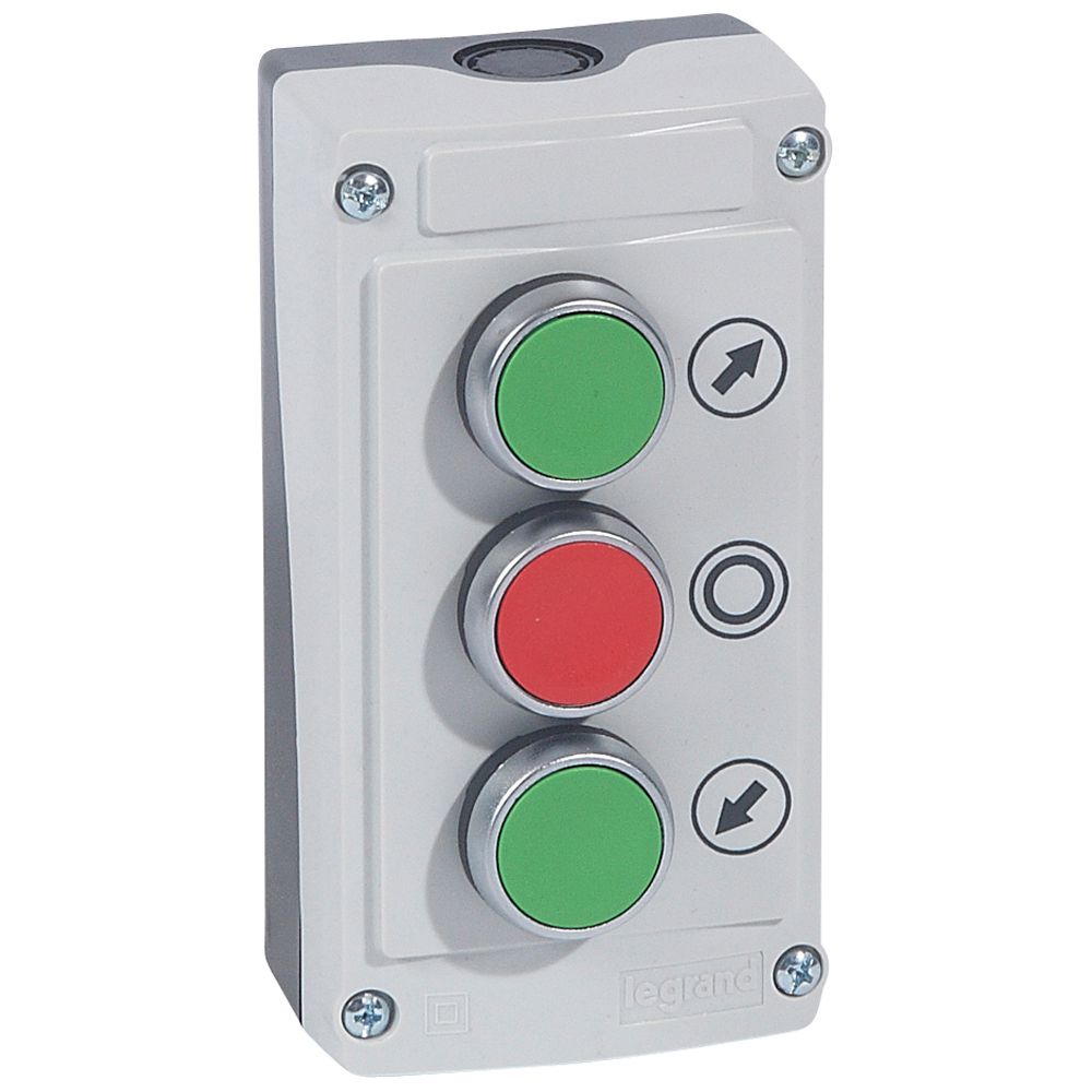 Legrand Push Button Control Station - SPST, SPST, Plastic, 3 Cutouts, Green, Red, Down Arrow, O, Up Arrow, IP66