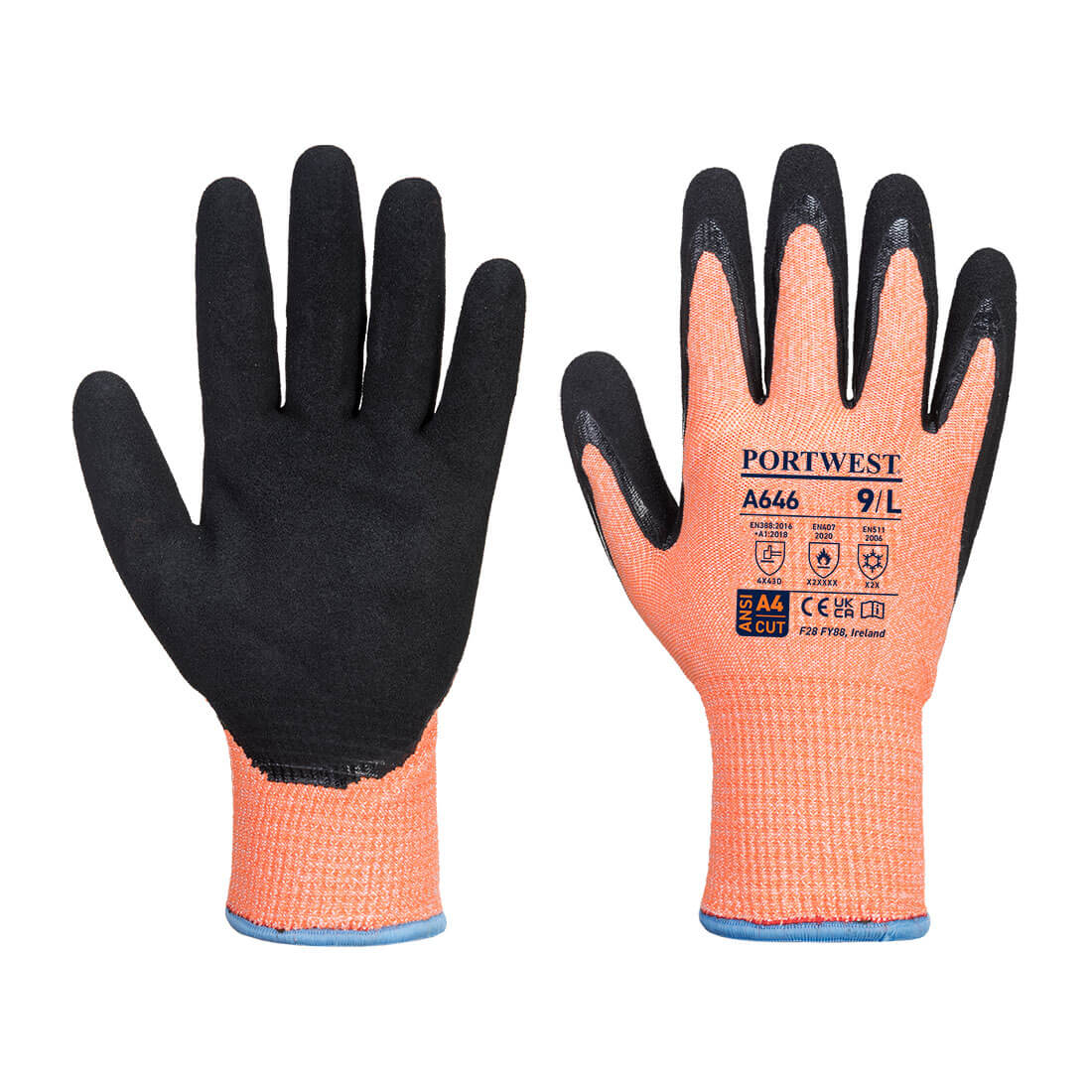 Portwest A646 - Vis-Tex Winter Cut D13 Nitrile Glove Black, Orange Acrylic Acrylic, Elastic, Fibreglass, High