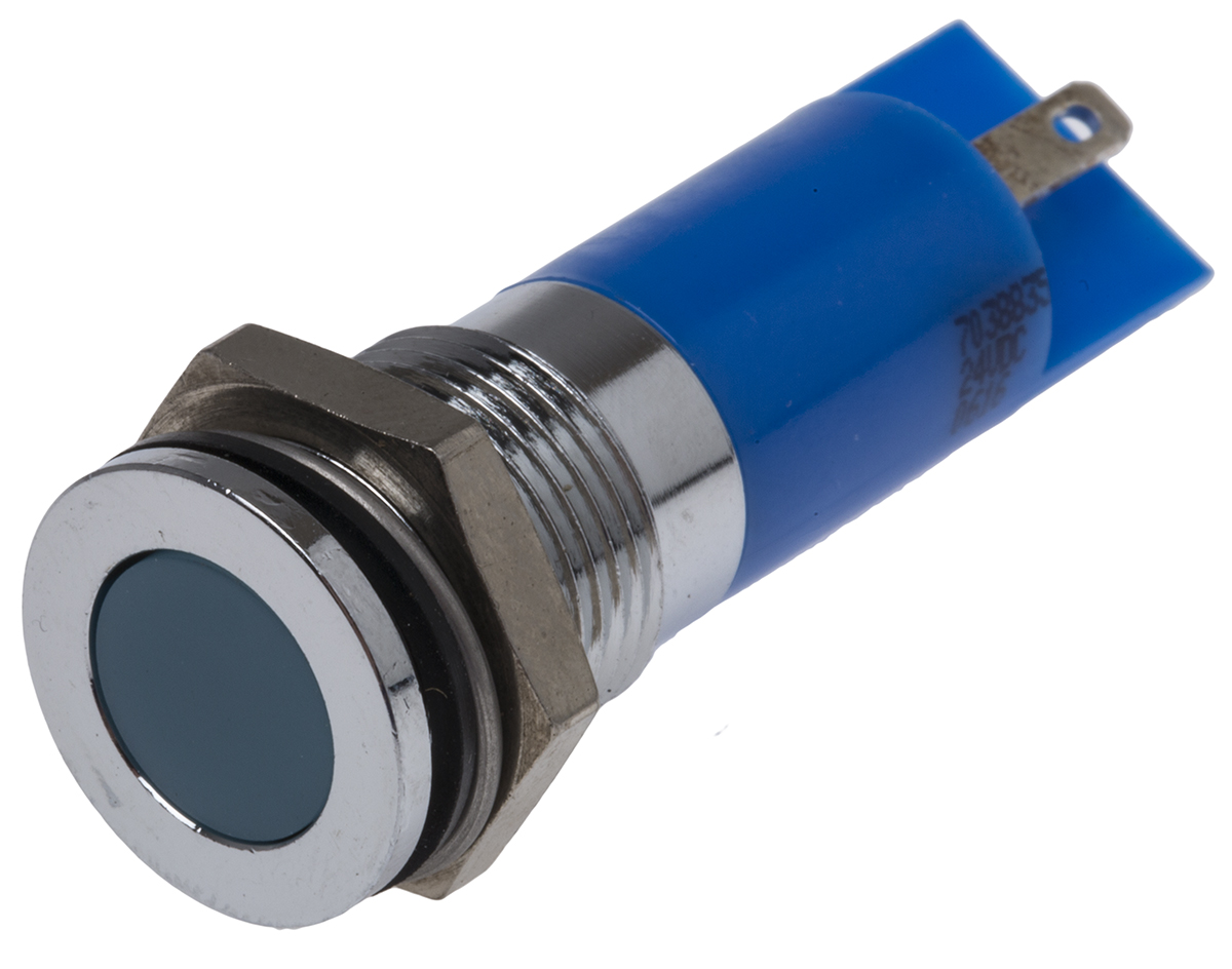 RS PRO Blue Panel Mount Indicator, 24V dc, 14mm Mounting Hole Size, Solder Tab Termination, IP67