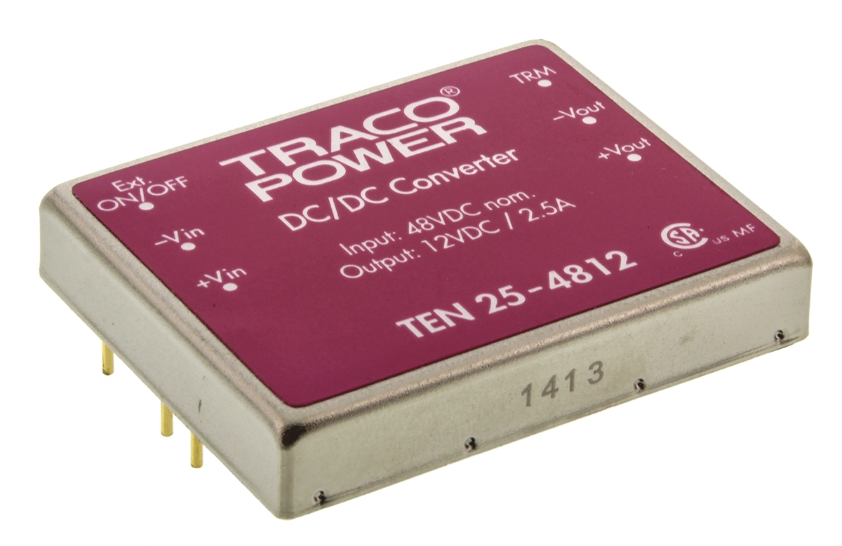 TRACOPOWER TEN 25 DC-DC Converter, 12V dc/ 2.5A Output, 36 → 75 V dc Input, 25W, Through Hole, +85°C Max Temp