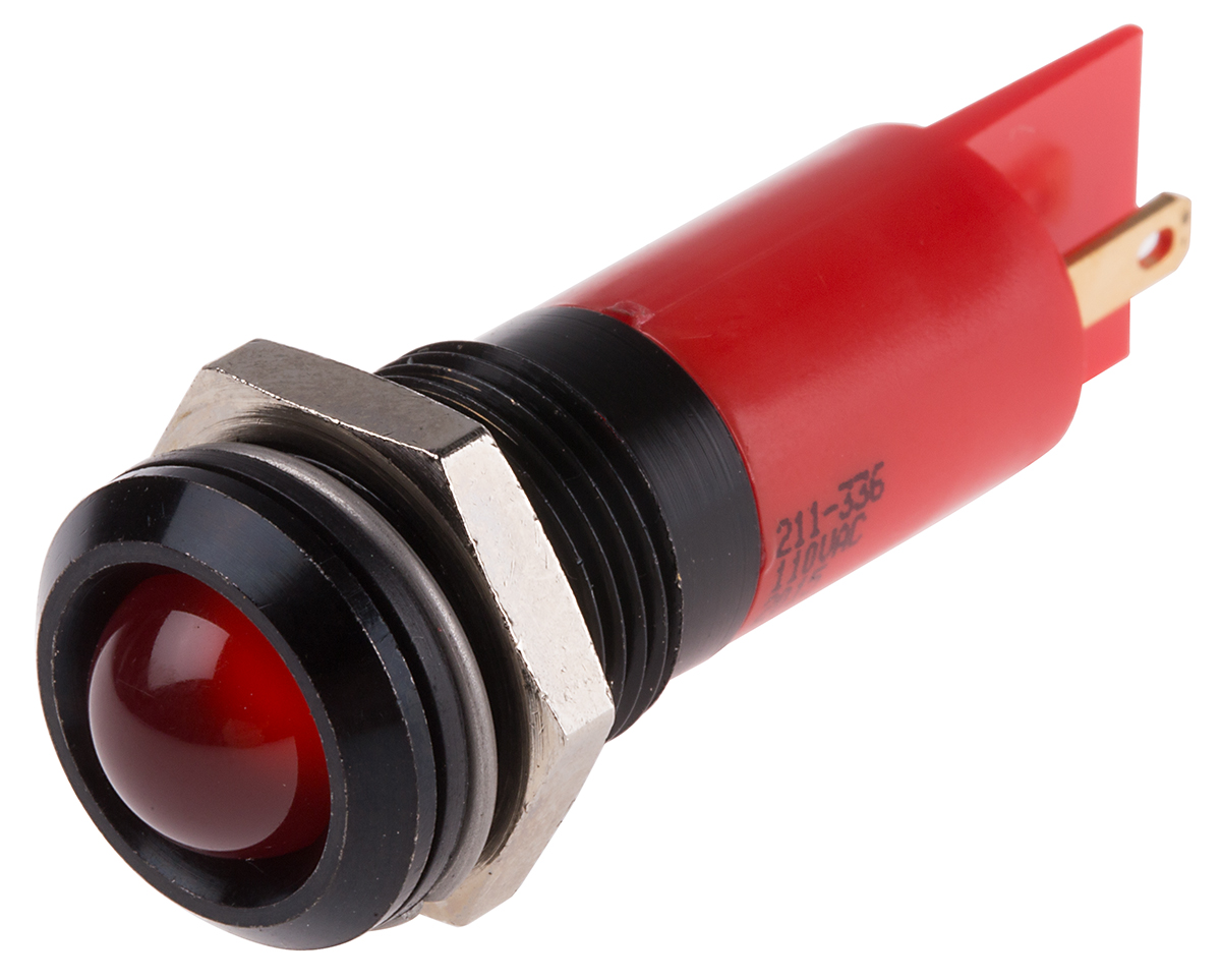 RS PRO Red Panel Mount Indicator, 110V ac, 14.5mm Mounting Hole Size, Solder Tab Termination, IP40