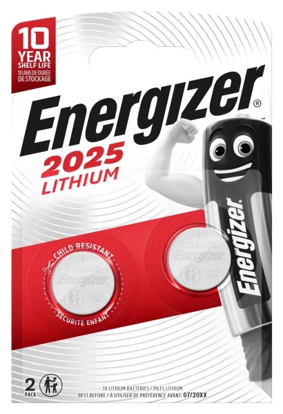 Energizer CR2025 Button Batteries, 3V, 20mm Diameter, 2 Pack
