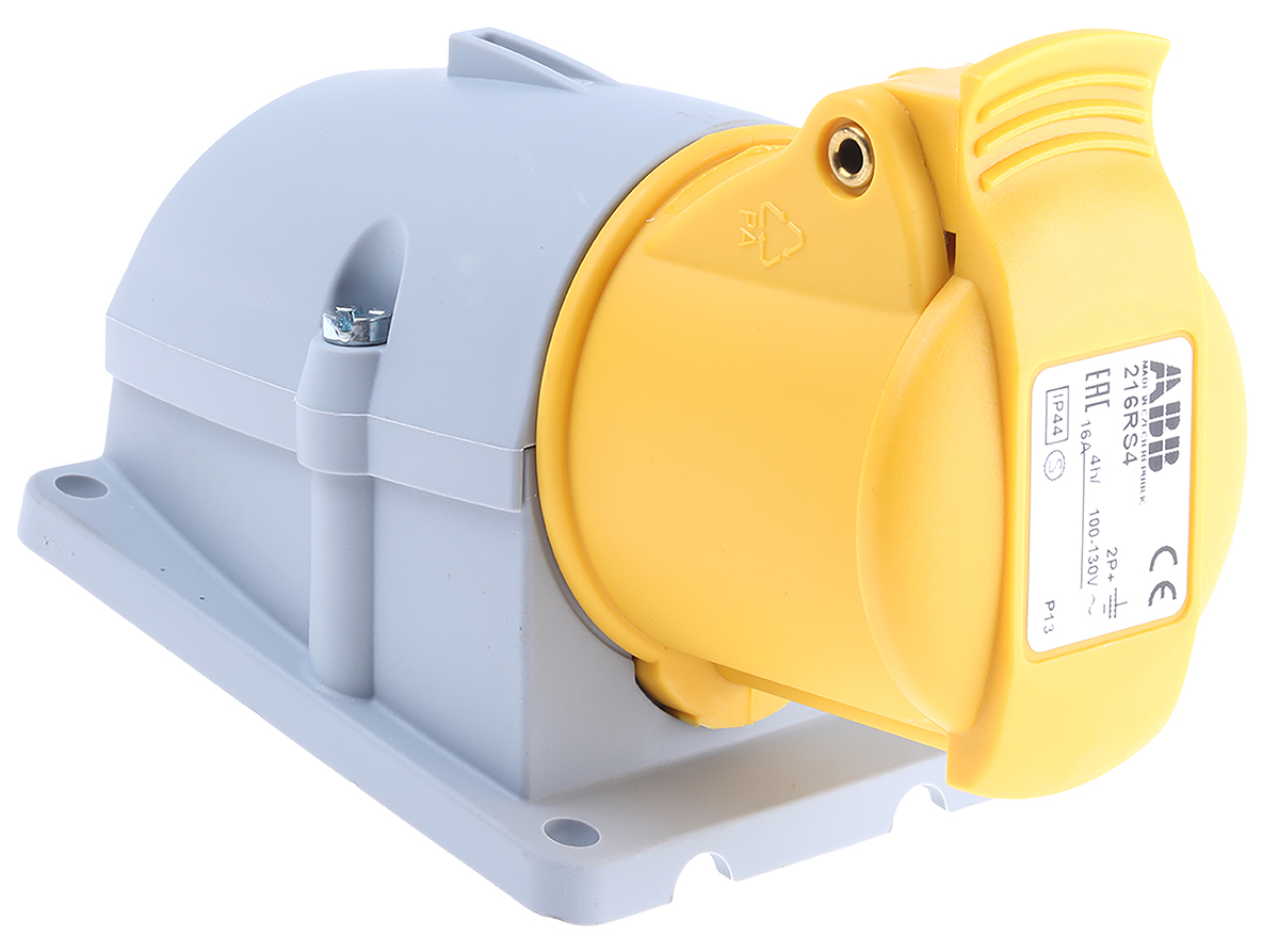 Amphenol Industrial, Easy & Safe IP44 Yellow Wall Mount 2P + E Right Angle Industrial Power Socket, Rated At 16A, 110 V
