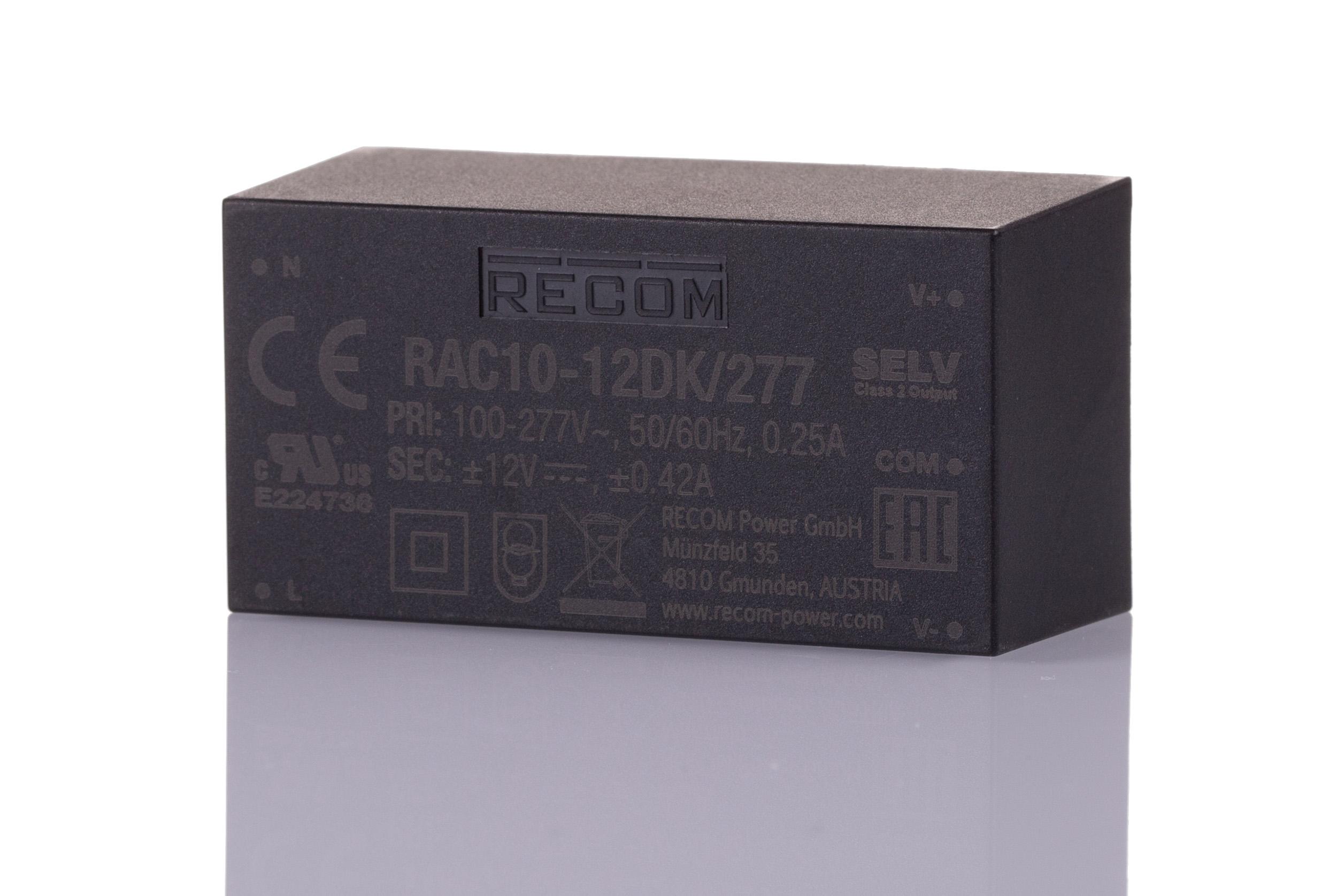 Recom Switching Power Supply, RAC10-12DK/277, 12V dc, ±420mA, 10W, Dual Output, 85 → 305V ac Input Voltage