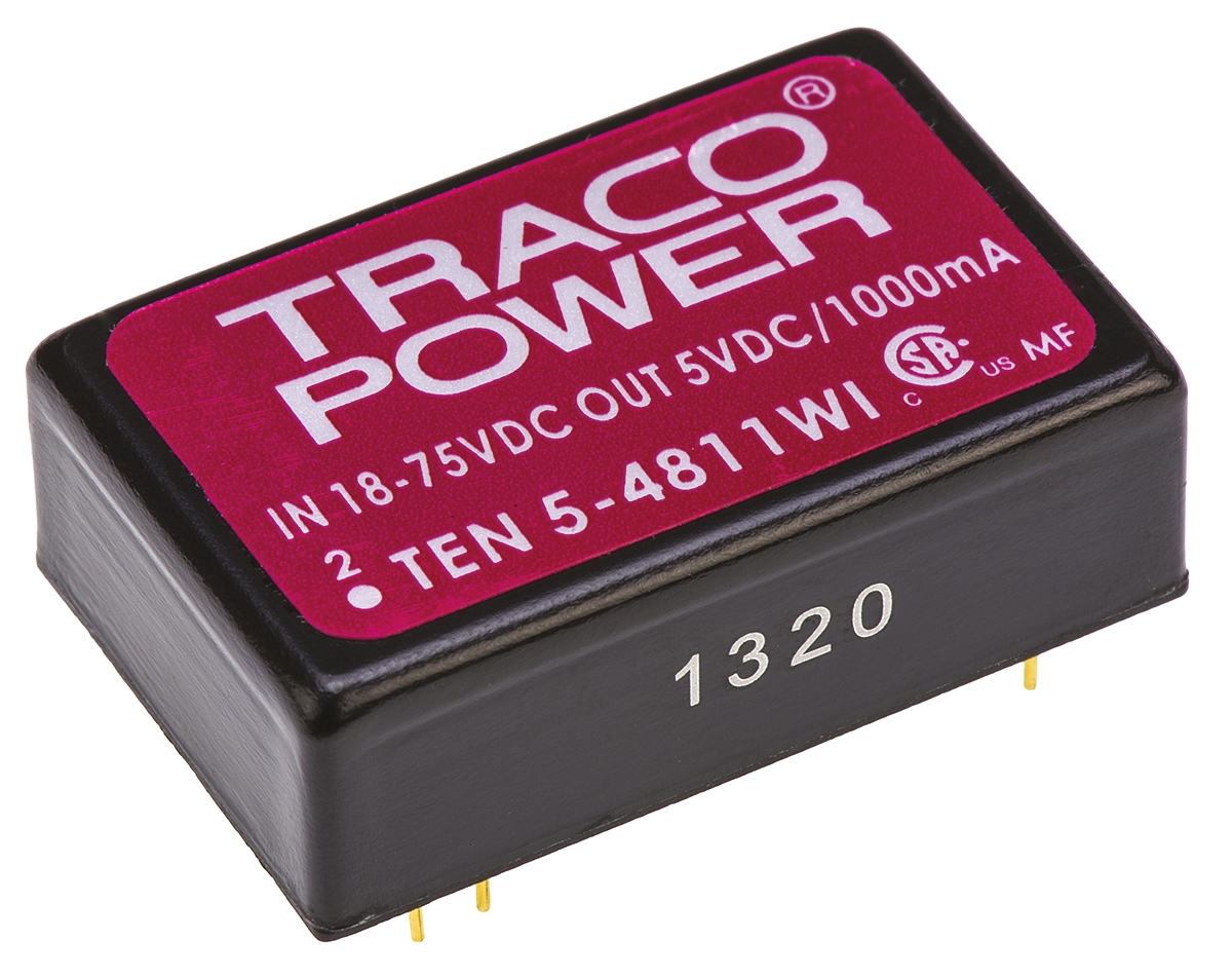 TRACOPOWER TEN 5WI DC-DC Converter, 5V dc/ 1A Output, 18 → 75 V dc Input, 6W, Through Hole, +85°C Max Temp -40°C