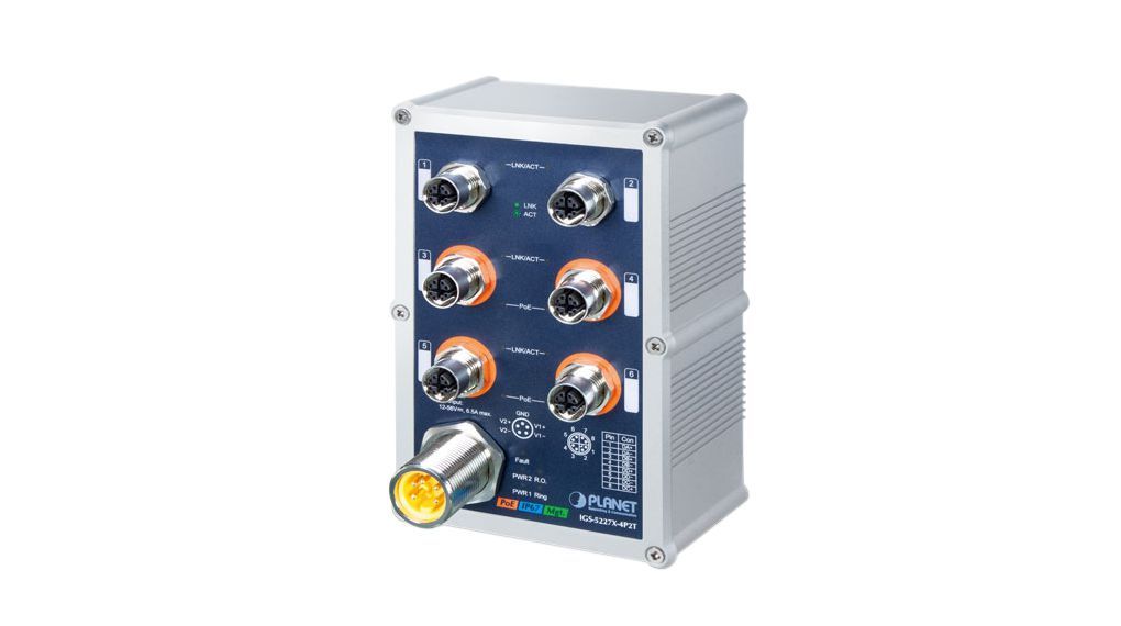 Planet IGS-5227X-4P2T, Managed 6 Port Ethernet Smart Managed Switch With PoE M12