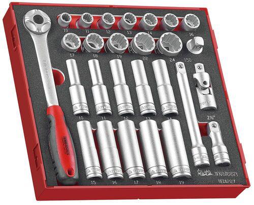 Teng Tools 27-Piece Metric 1/2 in Deep Socket/Standard Socket Set with Ratchet, 12 point