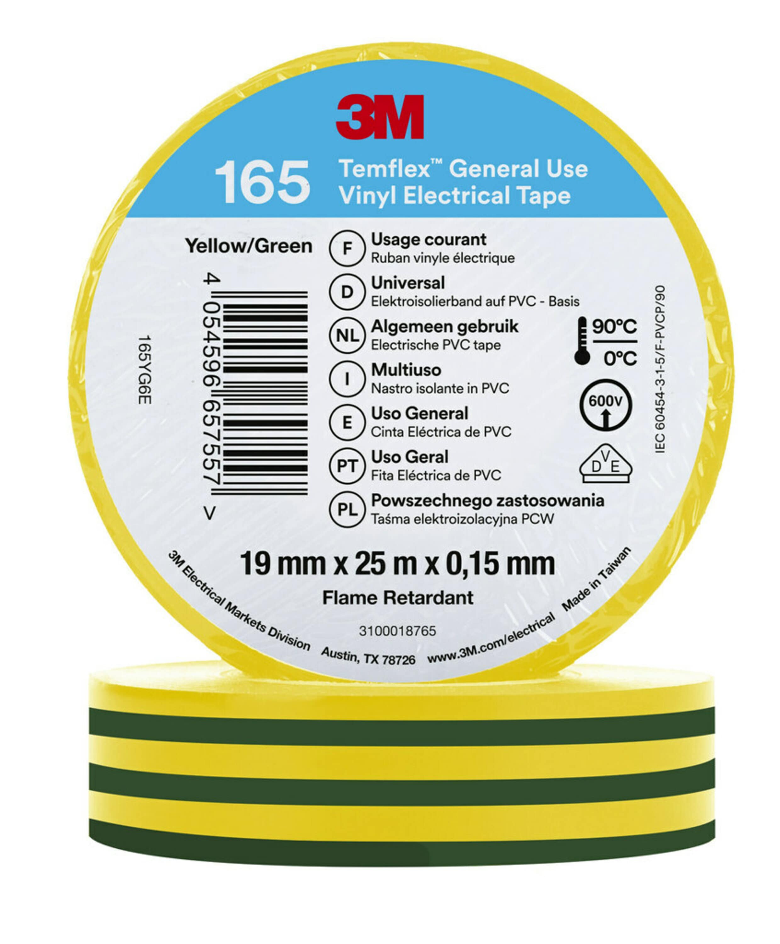 3M Temflex Yellow PVC Electrical Tape, 19mm x 25m
