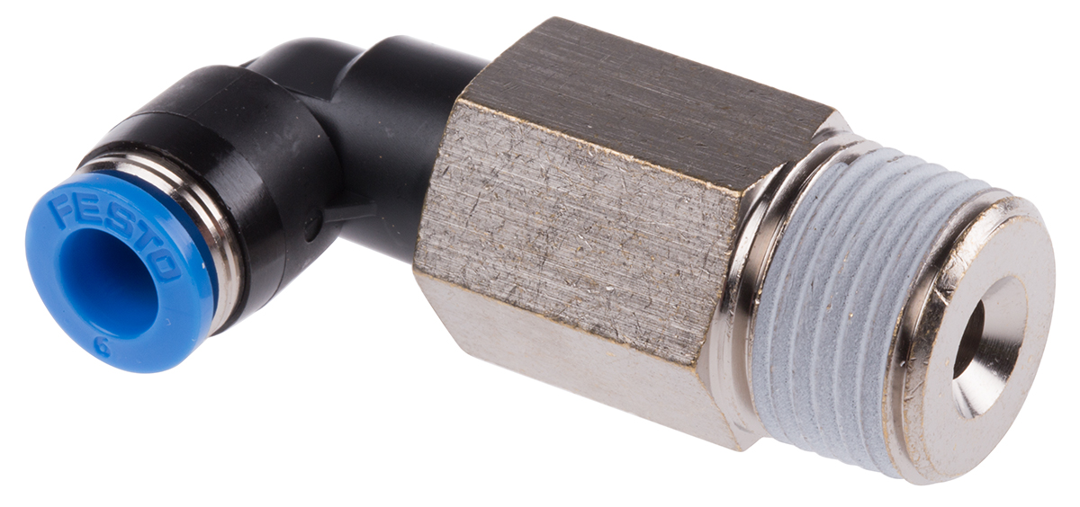 Festo QS Series Elbow Threaded Adaptor, R 3/8 Male to Push In 6 mm, Threaded-to-Tube Connection Style, 190663