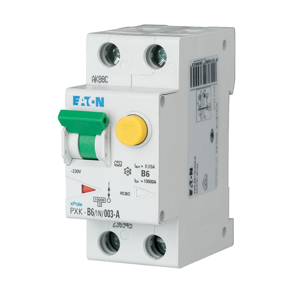 Eaton RCBO, 6A Current Rating, 1P + N Poles, 30mA Trip Sensitivity, Type B, xPole Range