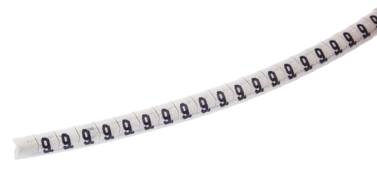 HellermannTyton Helagrip Slide On Cable Markers, Black on White, Pre-printed "9", 2 → 5mm Cable, 515-03954