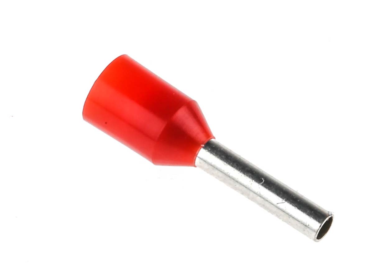 RS PRO Insulated Crimp Bootlace Ferrule, 8mm Pin Length, 1.4mm Pin Diameter, 1mm² Wire Size, Red