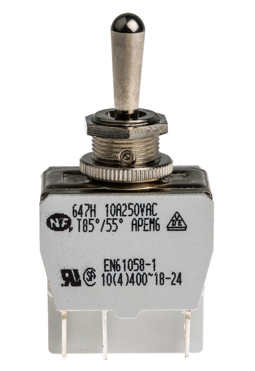 APEM Toggle Switch, Panel Mount, (On)-Off-(On), DPDT, Solder Lug Terminal, 250V ac