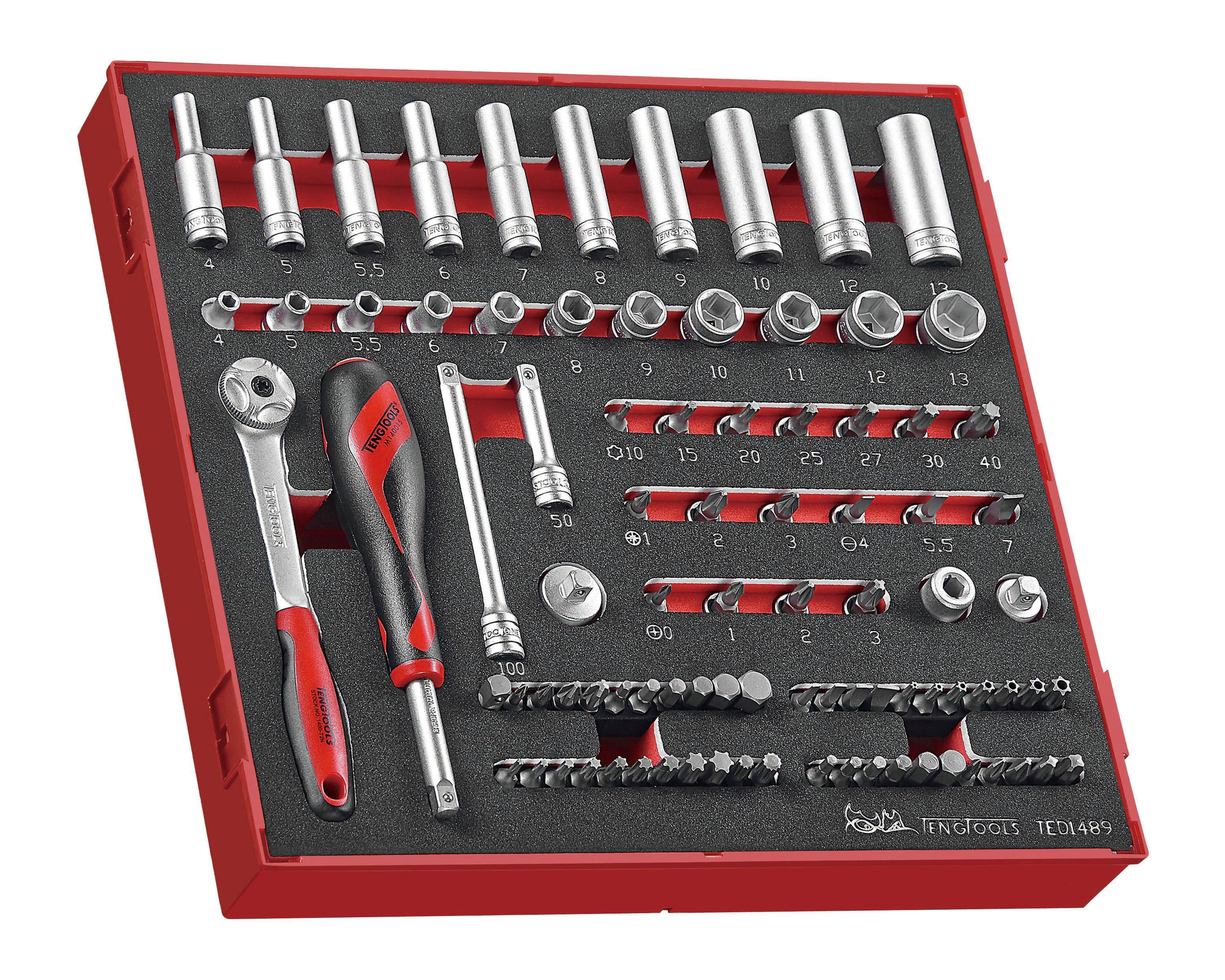 Teng Tools 89-Piece Metric 1/4 in Deep Socket/Standard Socket/Bit Set with Ratchet, 6 point; Hex Bit; Phillips Bit;