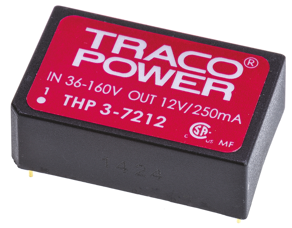 TRACOPOWER THP 3 DC-DC Converter, 12V dc/ ±125mA Output, 36 → 160 V dc Input, 3W, Through Hole, +85°C Max Temp