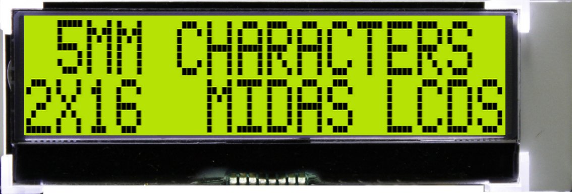 Midas MCCOG21605C6W-SPTLYI Alphanumeric LCD Display, Black on Yellow/Green, 2 Rows by 16 Characters, Transflective