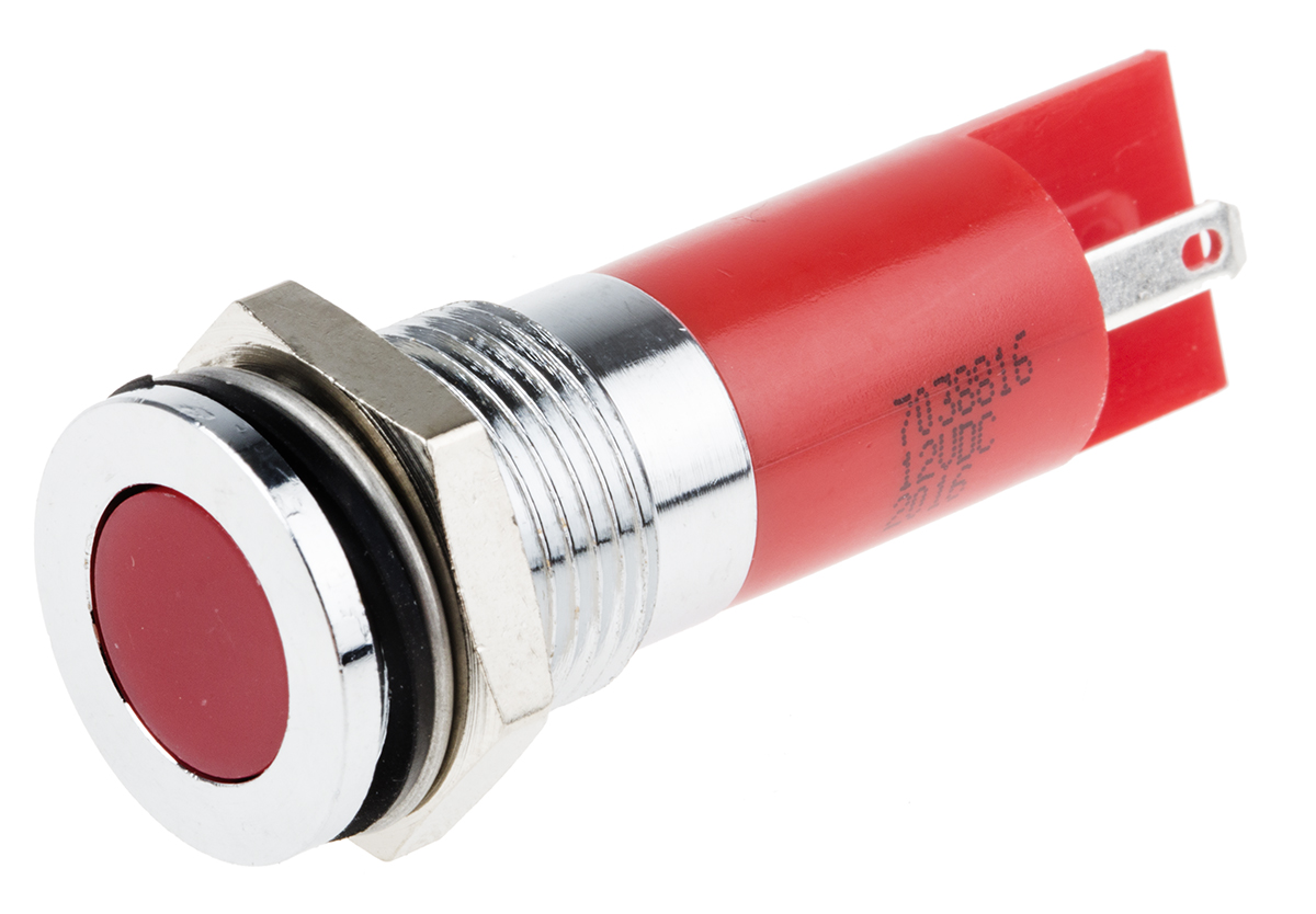 RS PRO Red Panel Mount Indicator, 12V dc, 14mm Mounting Hole Size, Solder Tab Termination, IP67