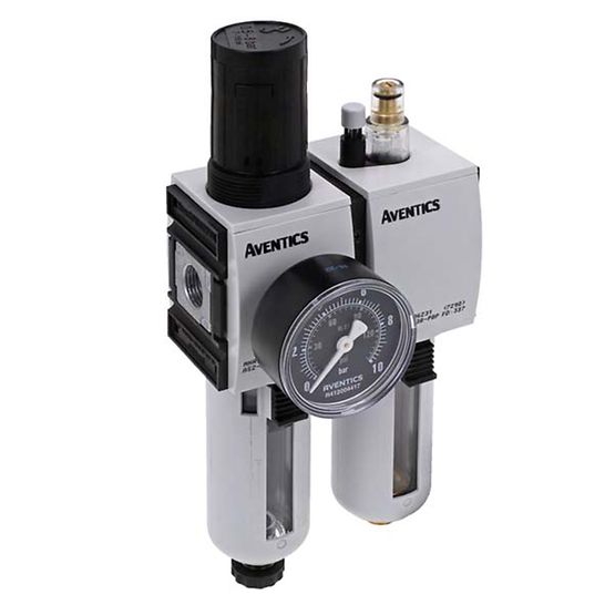 EMERSON ? AVENTICS G 3/8 Filter Regulator Lubricator, Semi Automatic Drain, 5μm Filtration Size - With Pressure Gauge