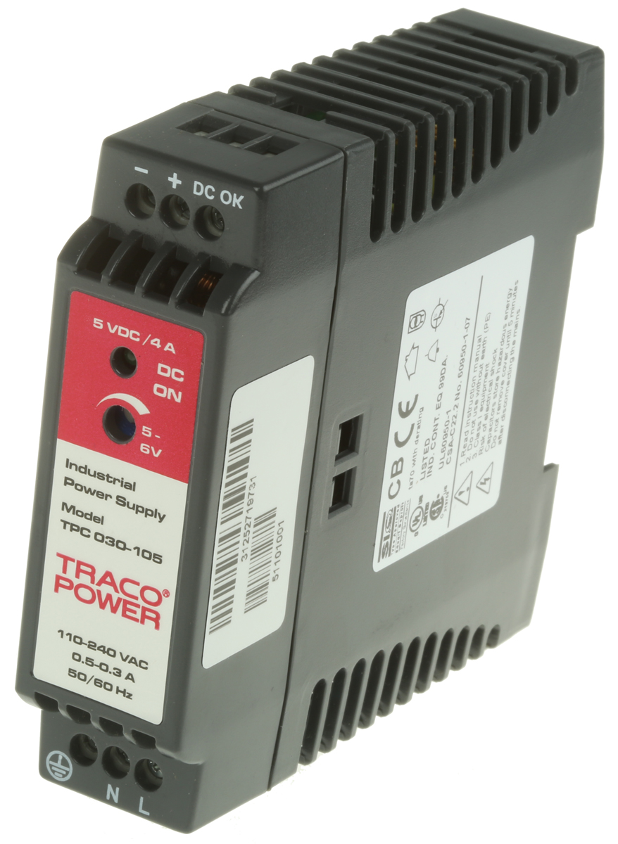 TRACOPOWER TPC Switched Mode DIN Rail Power Supply, 85 → 264 V ac / 90 → 375V dc ac, dc Input, 5V dc dc
