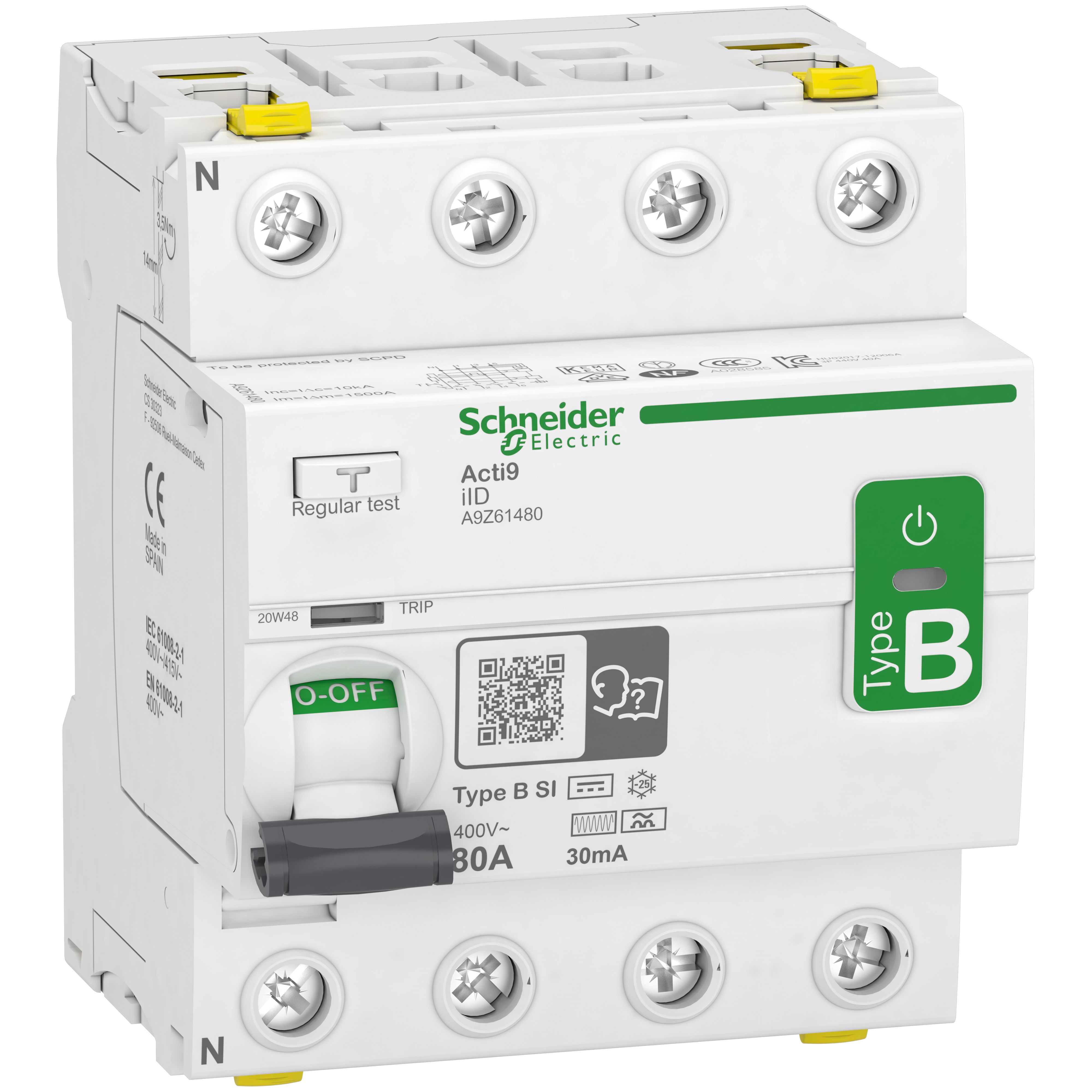 Schneider Electric iID RCCB, 80A, 4 Pole, 30mA, Type B-SI, 400V ac