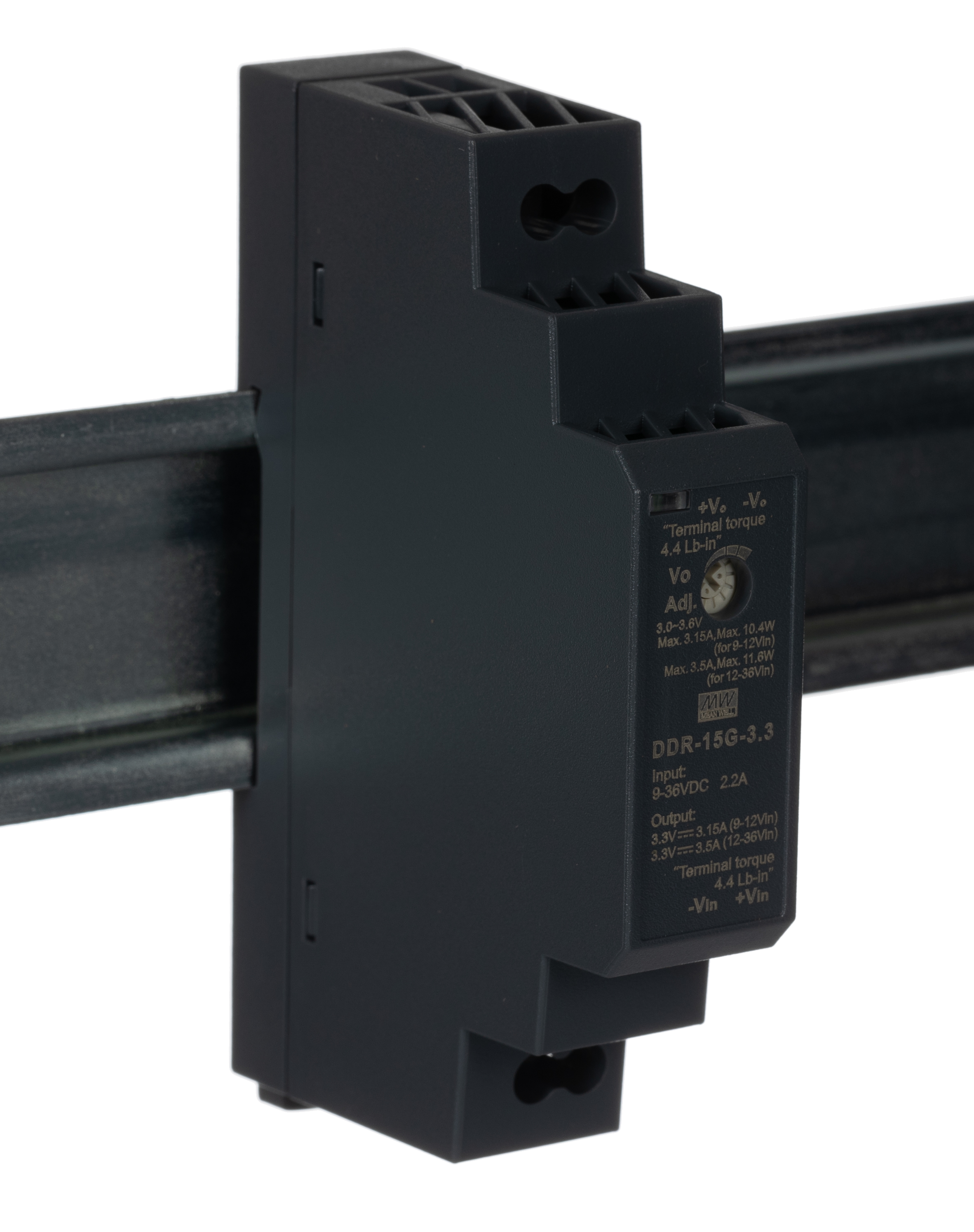 MEAN WELL DDR-15 DC-DC Converter, 3.3V dc/ 3.5A Output, 11.6W, DIN Rail Mount, +85°C Max Temp -40°C Min Temp