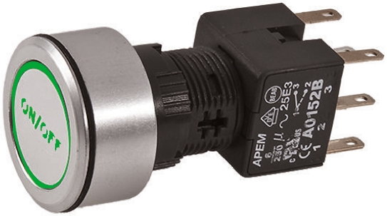 APEM Illuminated Push Button Switch, Latching, Panel Mount, 16mm Cutout, DPDT, Green LED, 250V ac, IP65