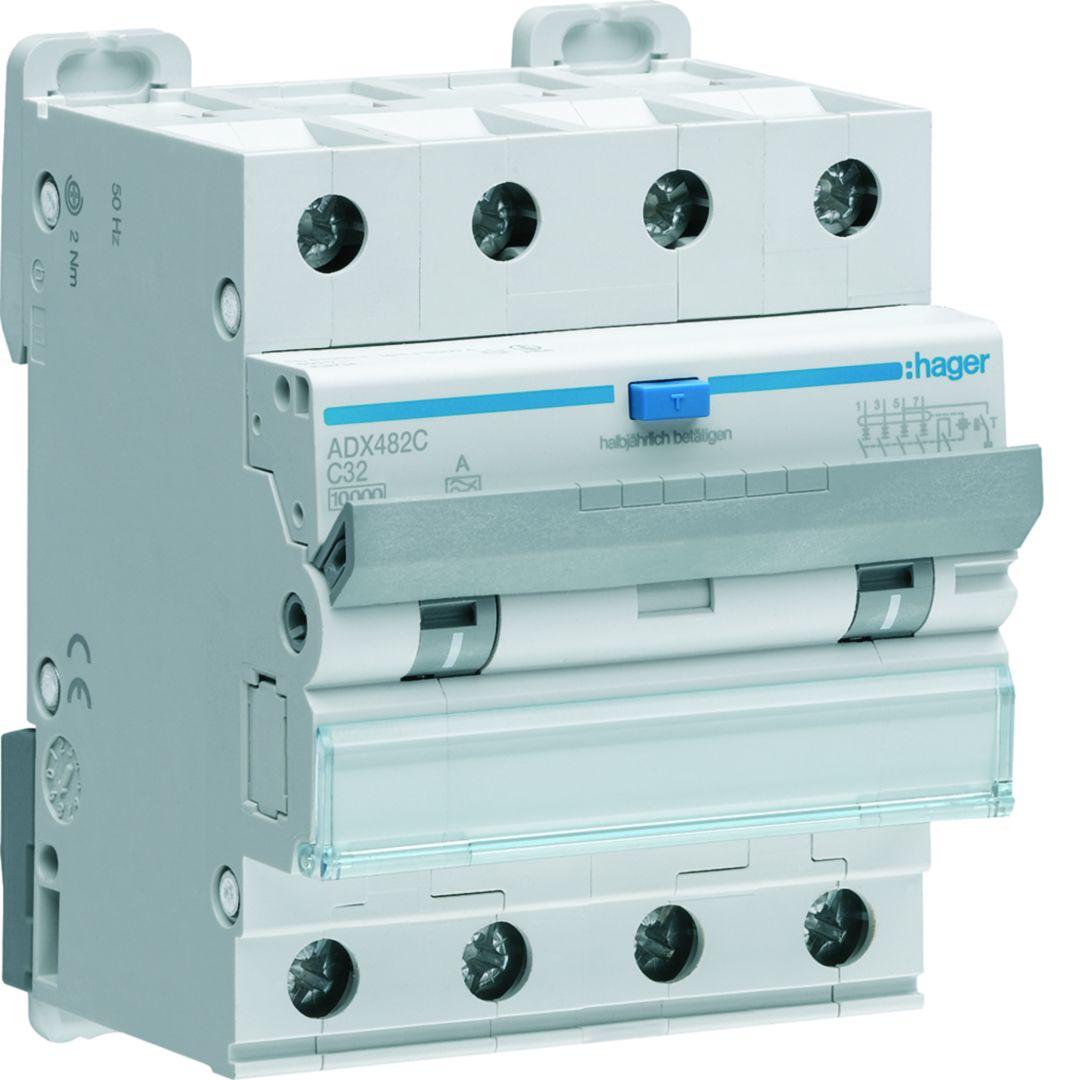Hager RCBO, 32A Current Rating, 4P Poles, 30mA Trip Sensitivity, Type A