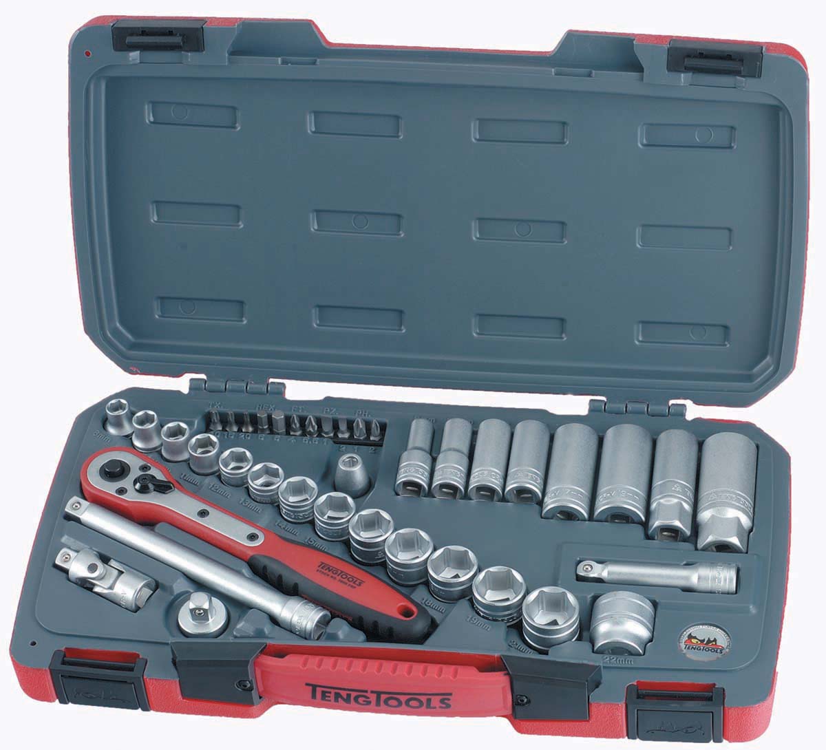 Teng Tools 39-Piece Metric 3/8 in Deep Socket/Standard Socket/Bit Set with Ratchet, 6 point; Hex Bit; Phillips Bit;
