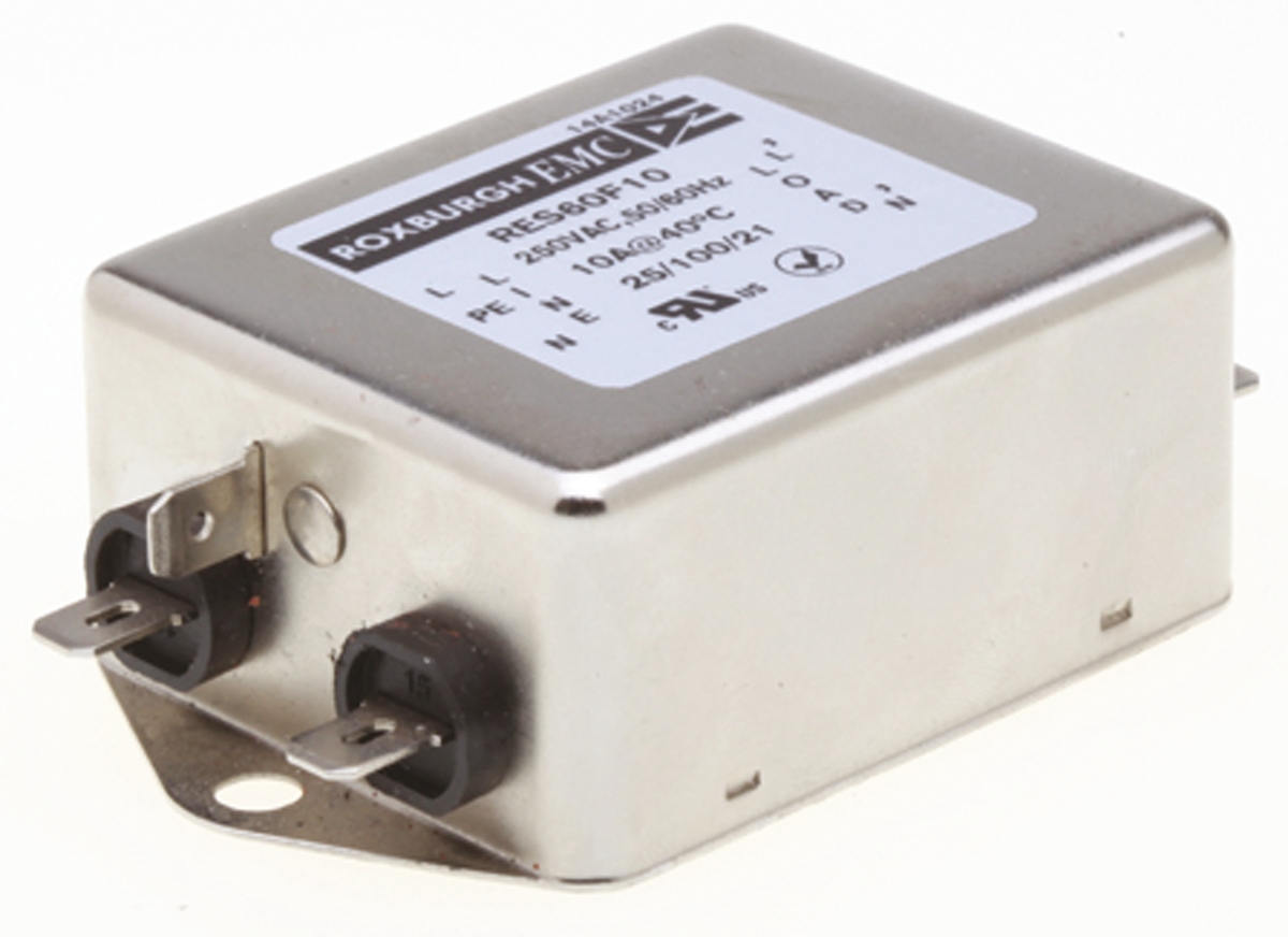 Roxburgh EMC, RES60 10A 250 V ac DC → 400Hz, Chassis Mount RFI Filter, Fast-On, Single Phase