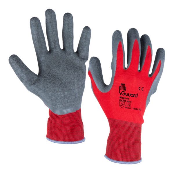 GUYARD MAGNUS Red Nylon Work Gloves, Size 8, Latex Coating