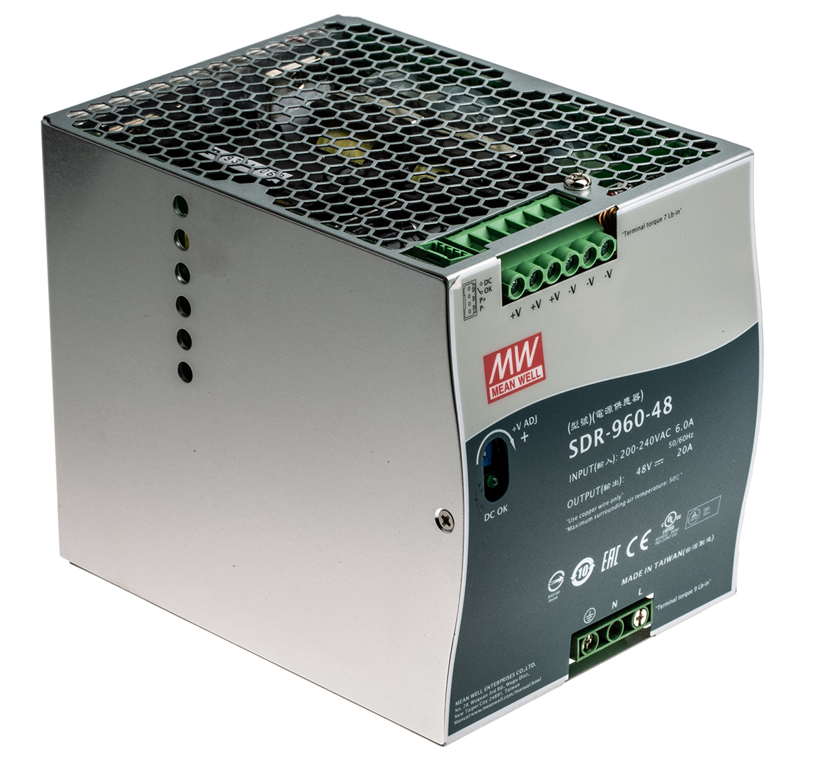 MEAN WELL SDR Switched Mode DIN Rail Power Supply, 180 → 264V ac ac Input, 48V dc dc Output, 20A Output, 960W