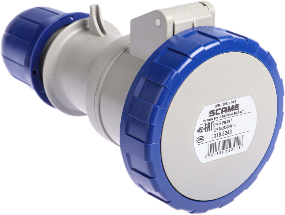 Scame IP66, IP67 Blue Cable Mount 2P + E Industrial Power Socket, Rated At 32A, 230 V
