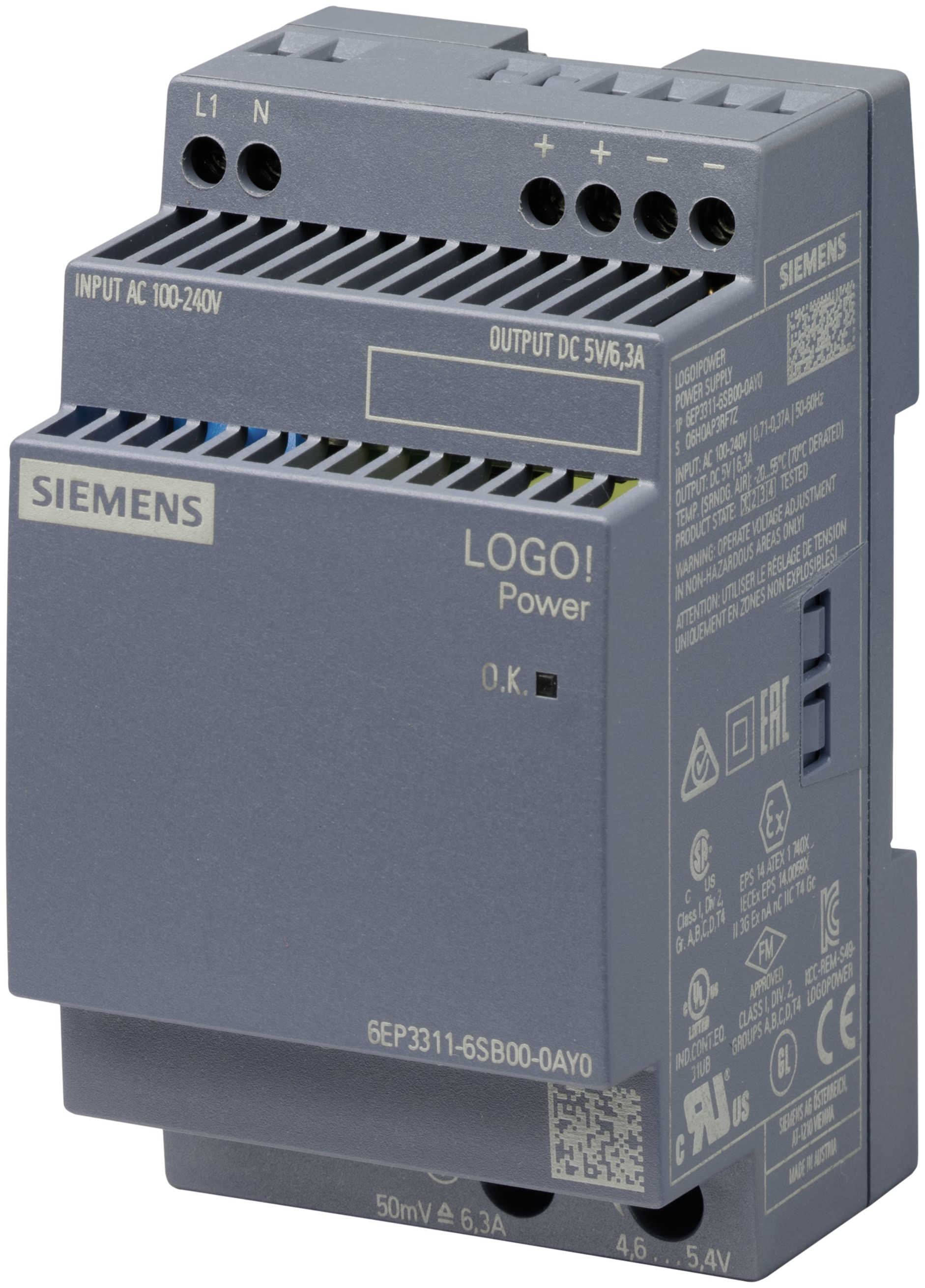 Siemens LOGO POWER Switched Mode DIN Rail Power Supply, 230V ac, 5V dc dc Output, 6.3A Output, 31.5W
