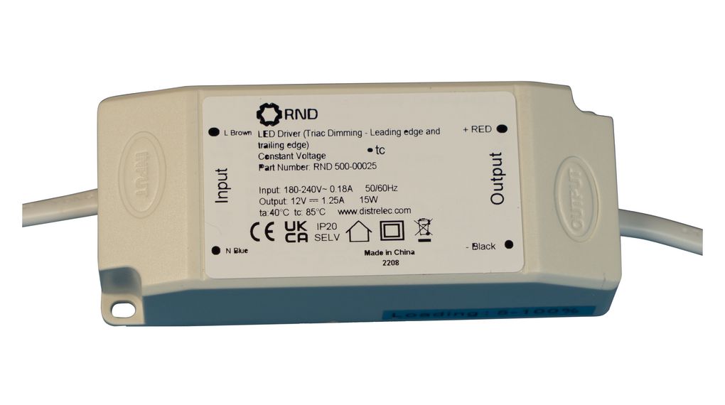 RND LED Driver, 12V Output, 15W Output, 1.25A Output, Constant Voltage Dimmable