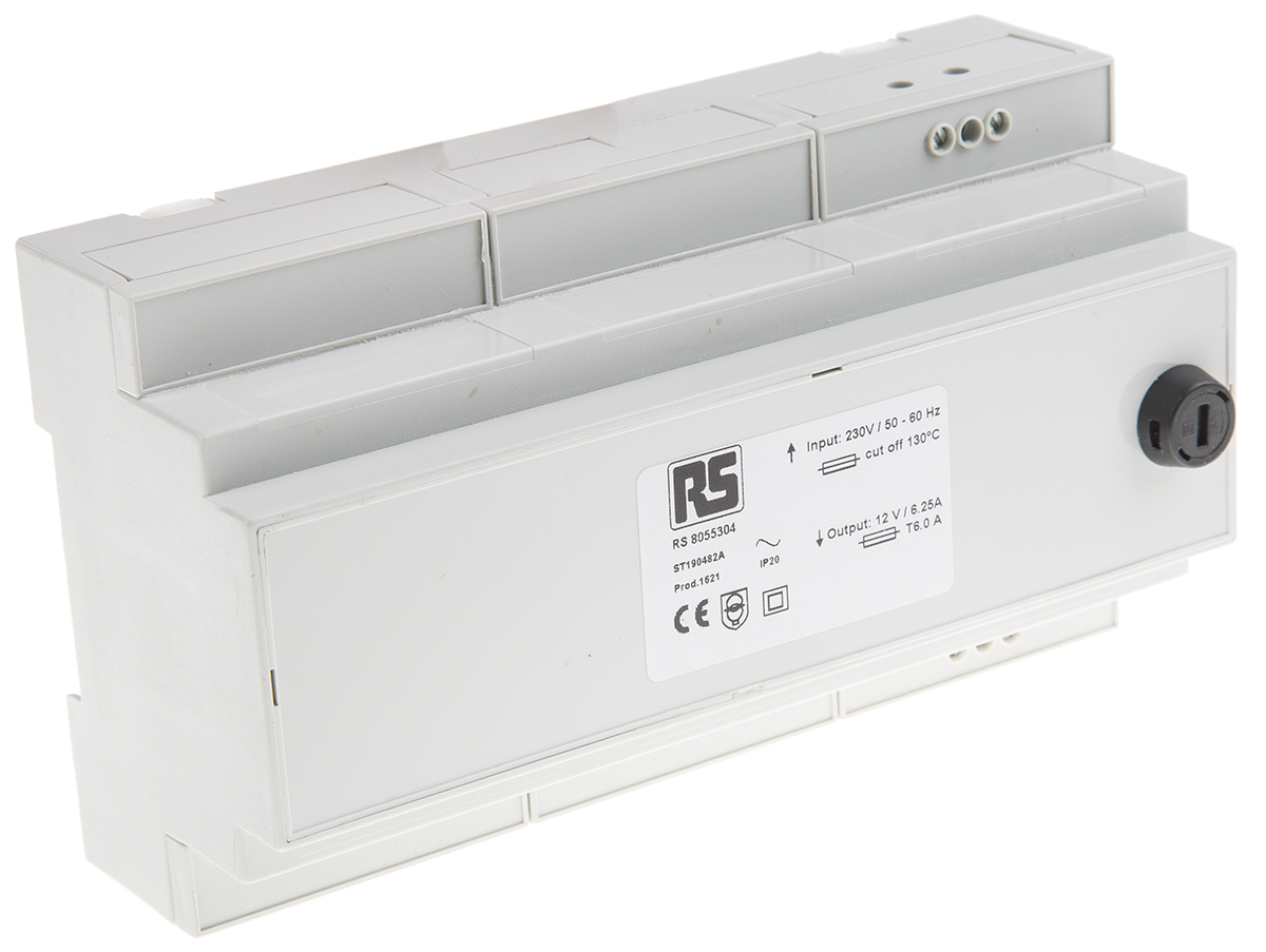 RS PRO 75VA DIN Rail Transformer, IEC 61558-2-6, 230V ac Primary, 12V ac Secondary