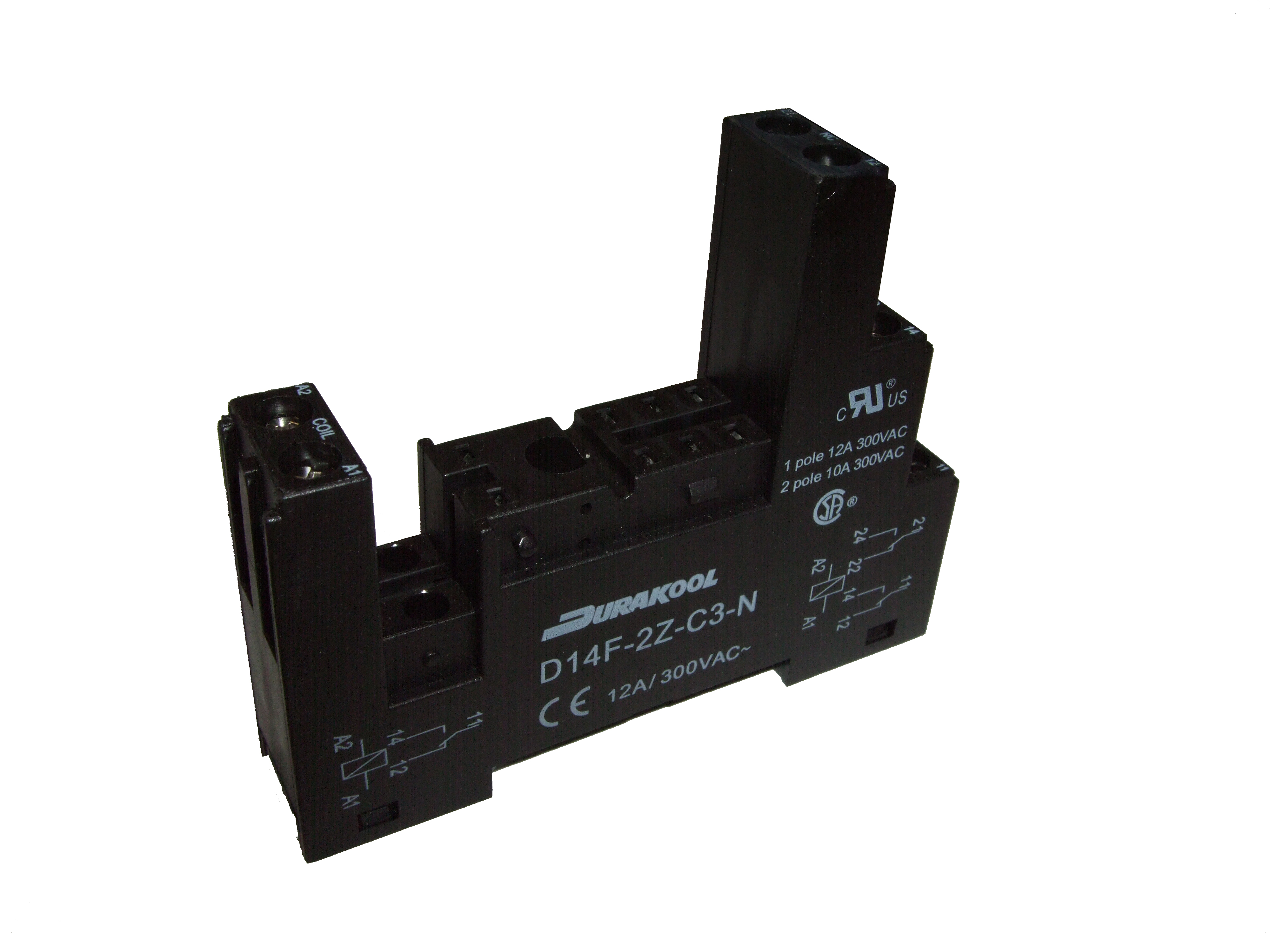 Durakool D14F 4 Pin 300V ac DIN Rail Relay Socket, for use with DM41, DM87N, DX87N Relays
