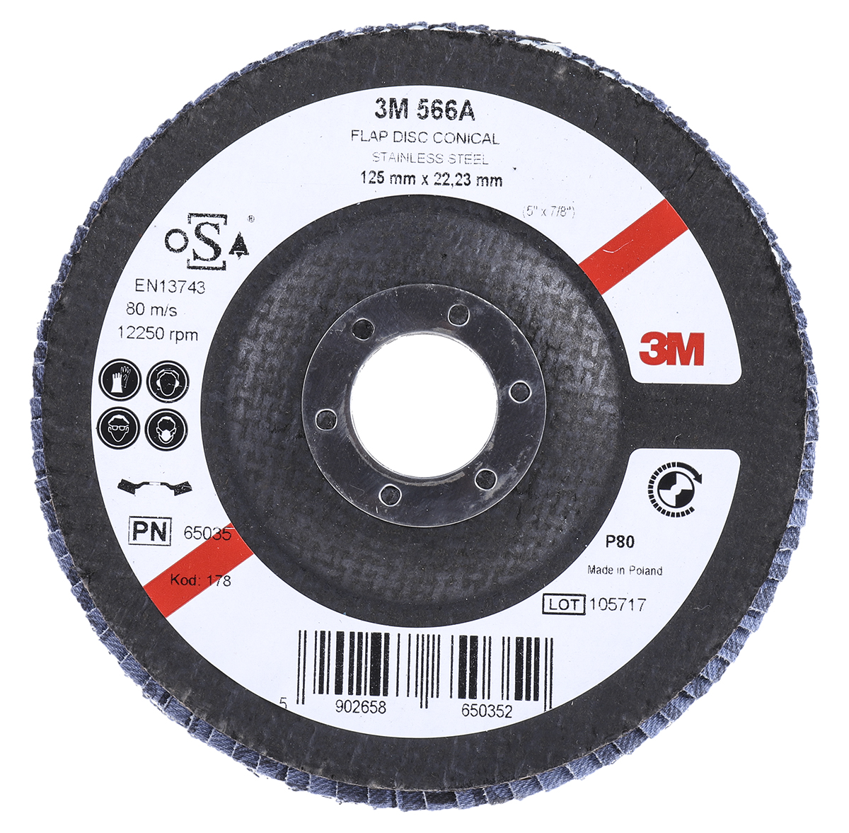 3M 566A Zirconia Aluminium Flap Disc, 125mm, Medium Grade, P80 Grit, 1 in pack