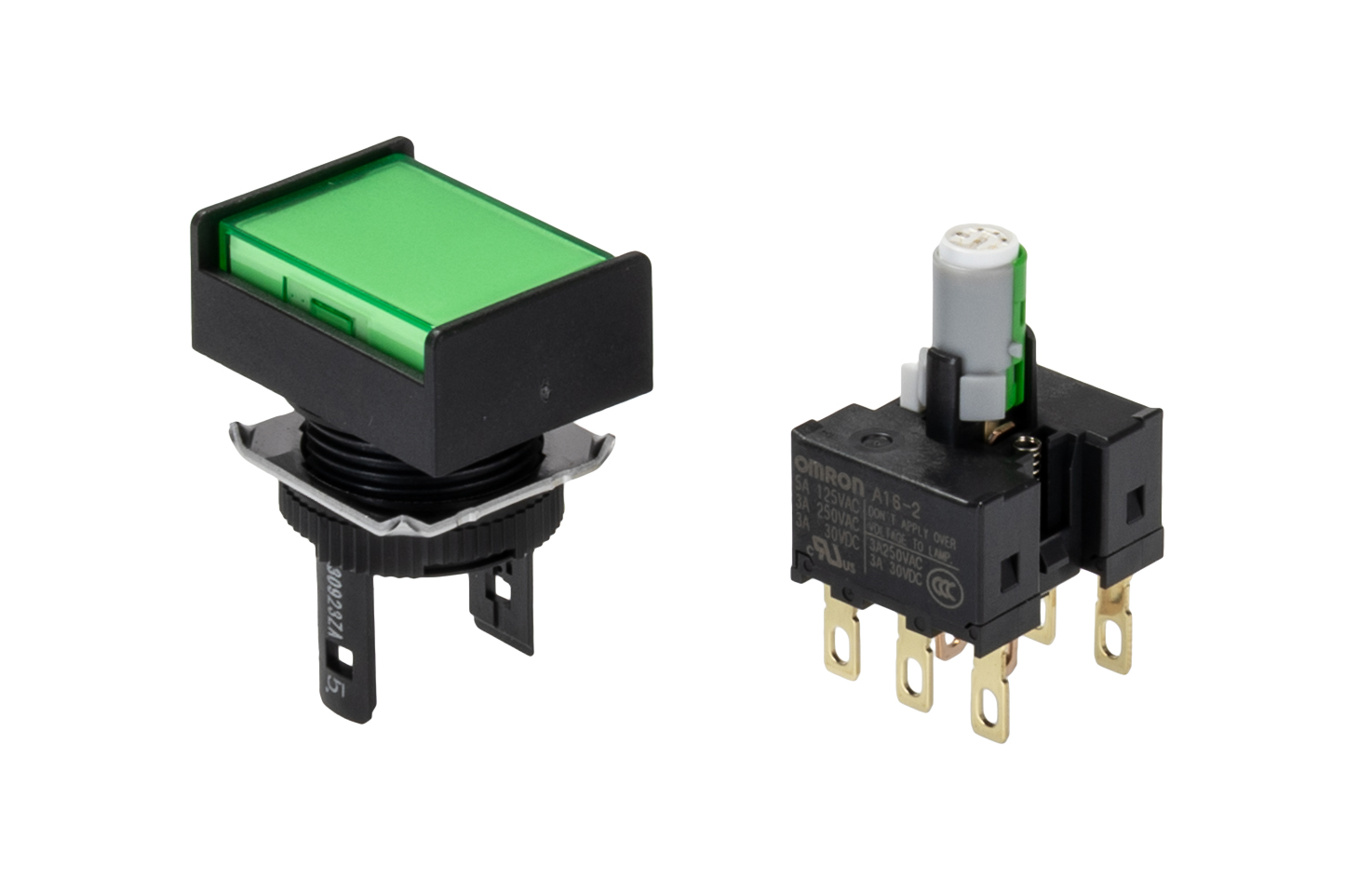 Omron A16 Series Illuminated Push Button, Momentary, Panel Mount, 16mm Cutout, DPDT, Green LED, 250V, IP65
