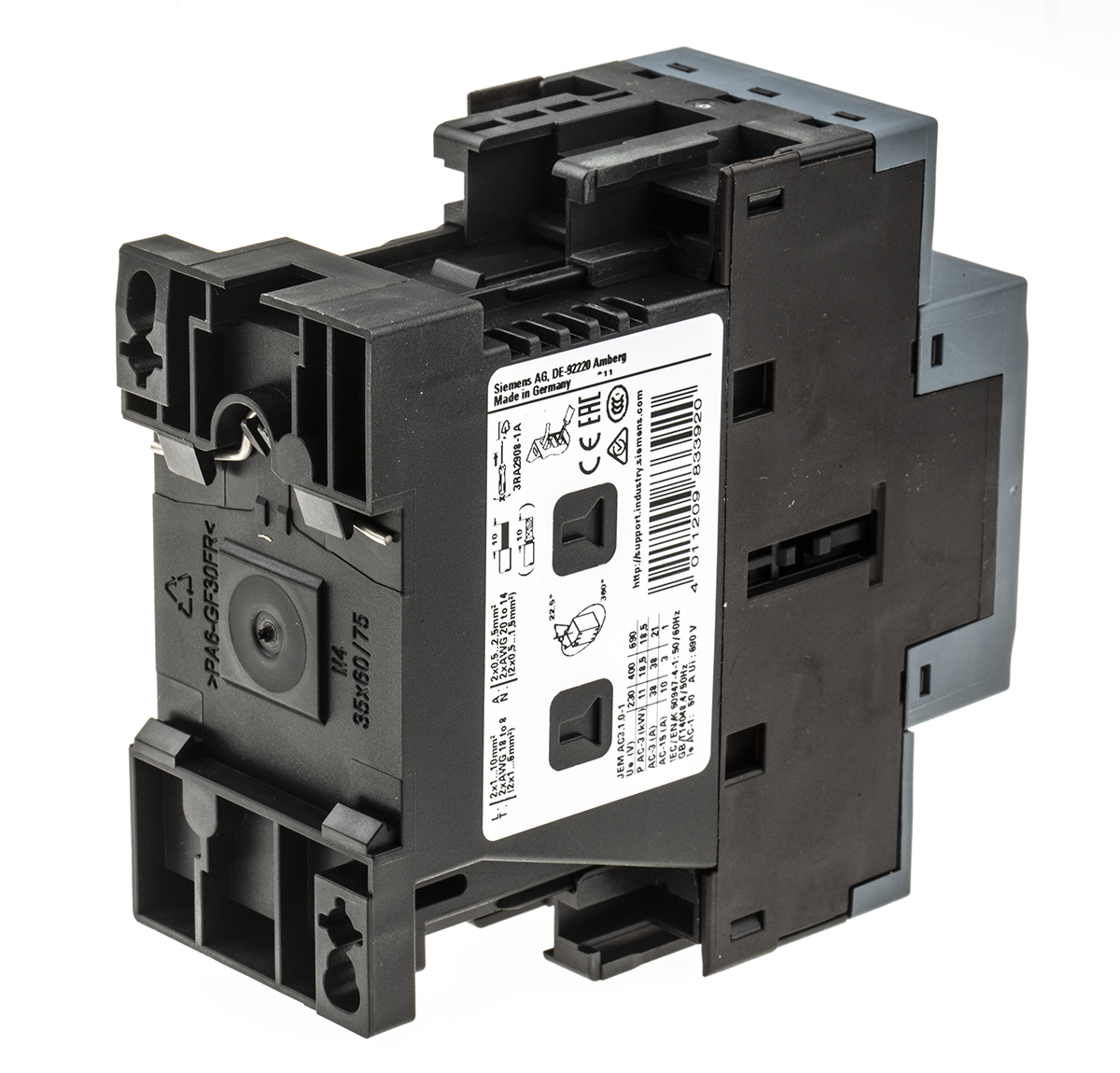 Siemens SIRIUS 3RT Size S0, 3RT2 Contactor, 24 V dc Coil, 3-Pole, 38 A, 18.5 kW, 3NO, 400 V ac