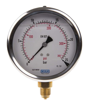 WIKA G 3/8 Analogue Pressure Gauge 25bar Bottom Entry 100mm Outside Diameter, UKAS