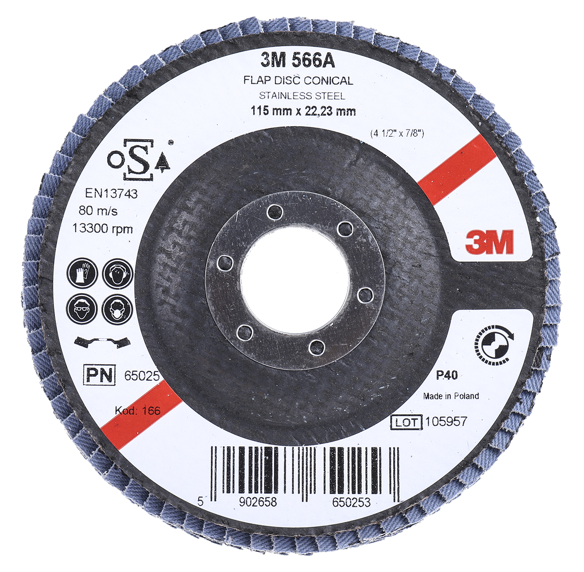 3M 566A Zirconia Aluminium Flap Disc, 115mm, Coarse Grade, P40 Grit