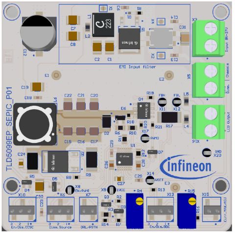 Infineon TLD5099EP-SEPIC EVALK Boost Controller for TLD5099EP for High power LED application