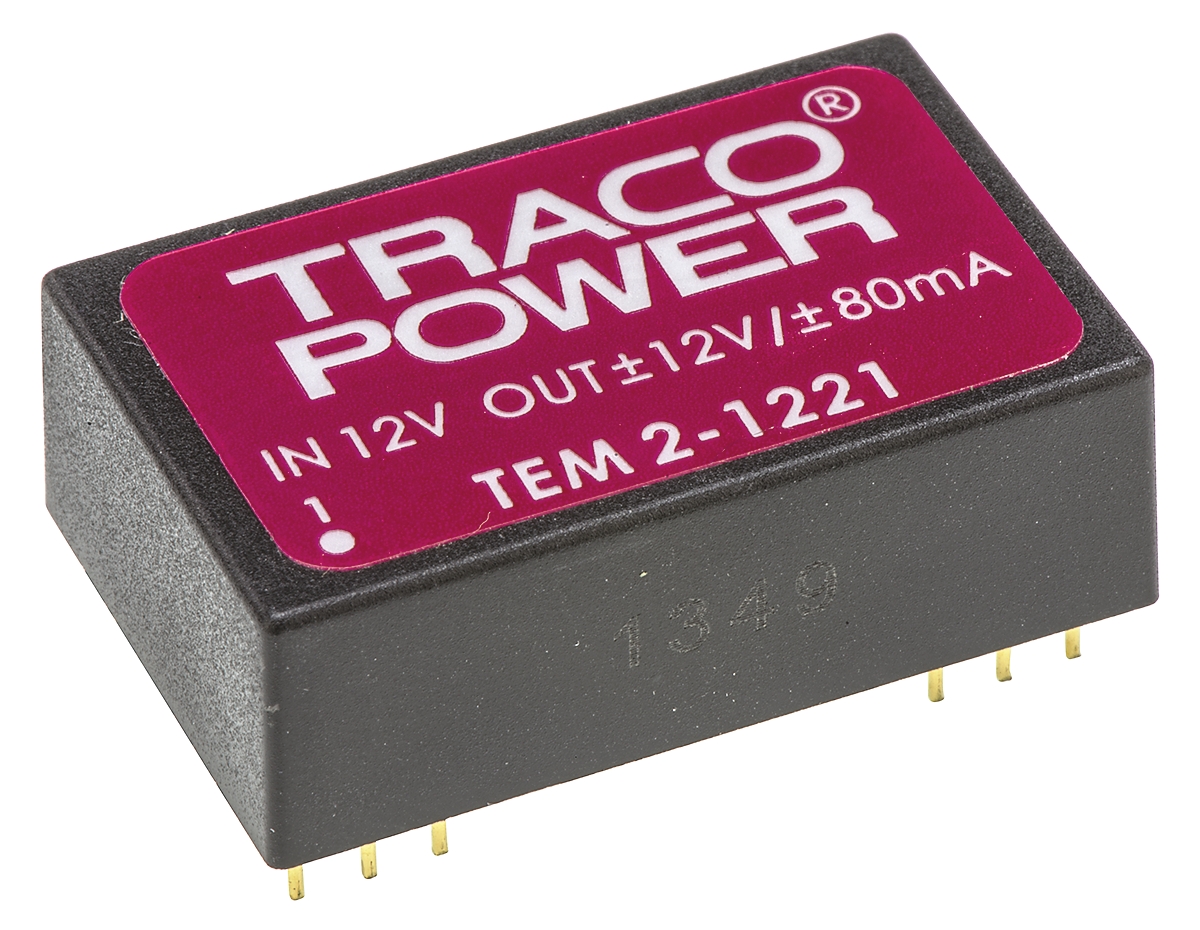 TRACOPOWER TEM 2 DC-DC Converter, ±12V dc/ ±80mA Output, 10.8 → 13.2 V dc Input, 2W, Through Hole, +60°C Max
