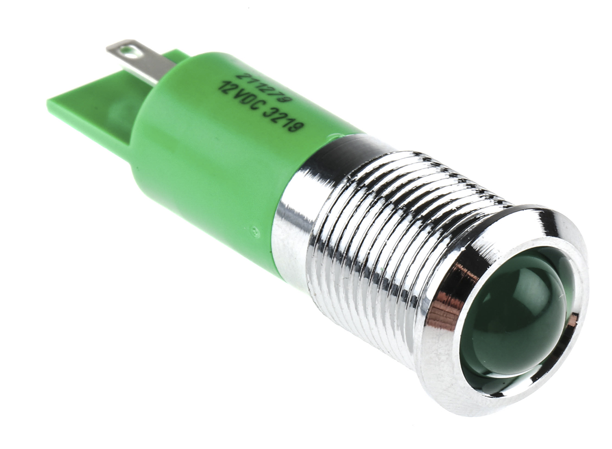 RS PRO Green Panel Mount Indicator, 12V dc, 14mm Mounting Hole Size, Solder Tab Termination