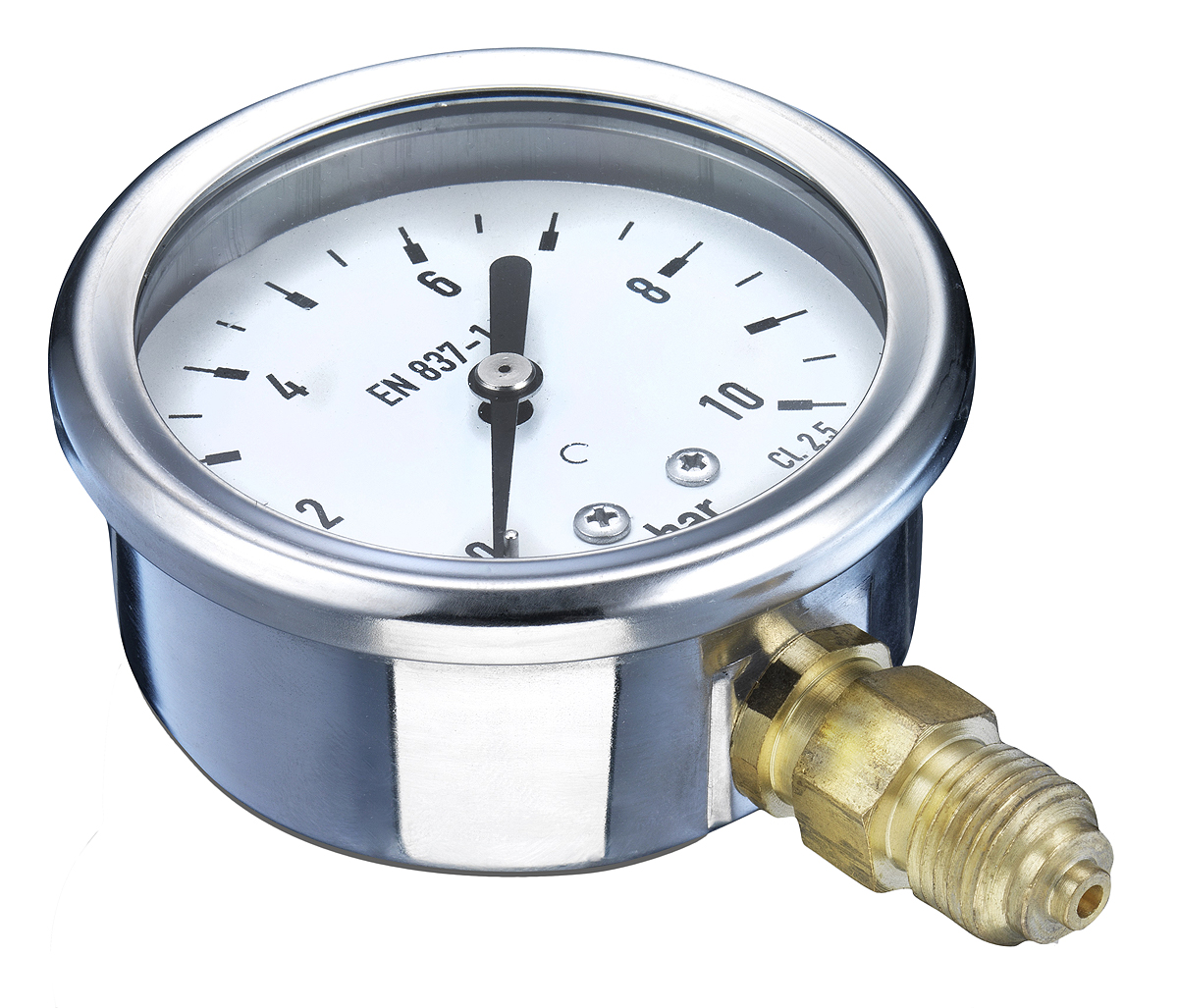 Bourdon G 1/4 Analogue Pressure Gauge 10bar Bottom Entry 63mm Outside Diameter, With RS Calibration