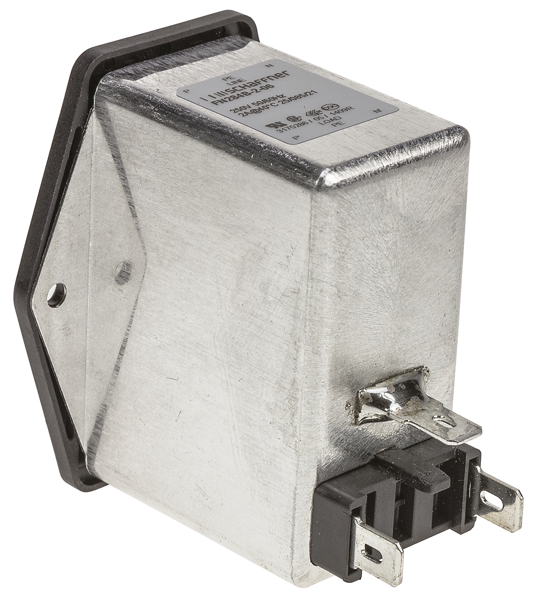 Schaffner 2A, 250 V ac Male Panel Mount IEC Inlet Filter FN284B-2-06, Faston 2 Fuse