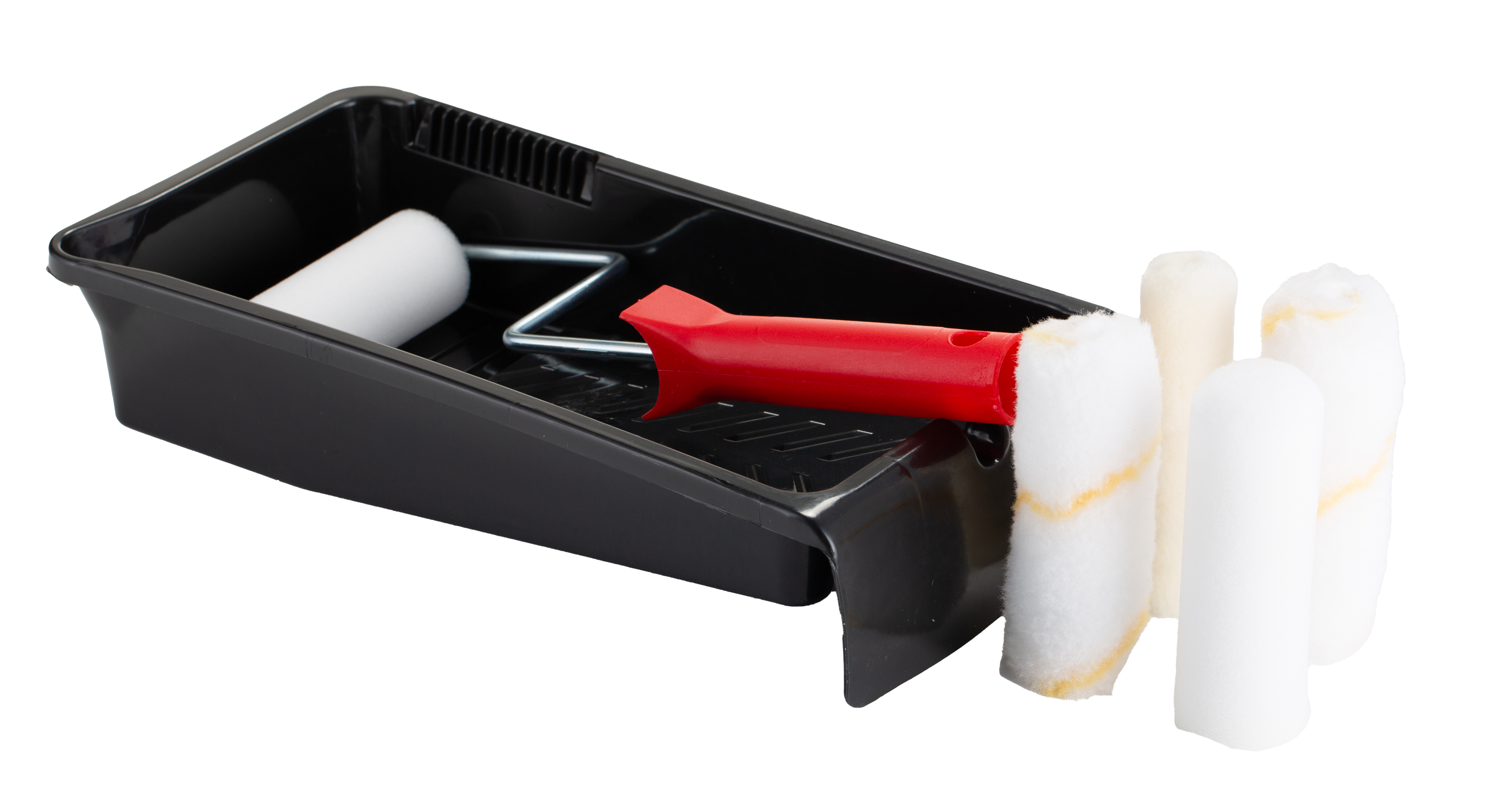 RS PRO Paint Roller Kit includes: 2 x Acrylic Roller Sleeve, 2 x Foam Roller Sleeve, Mini Roller Cage Frame, Plastic