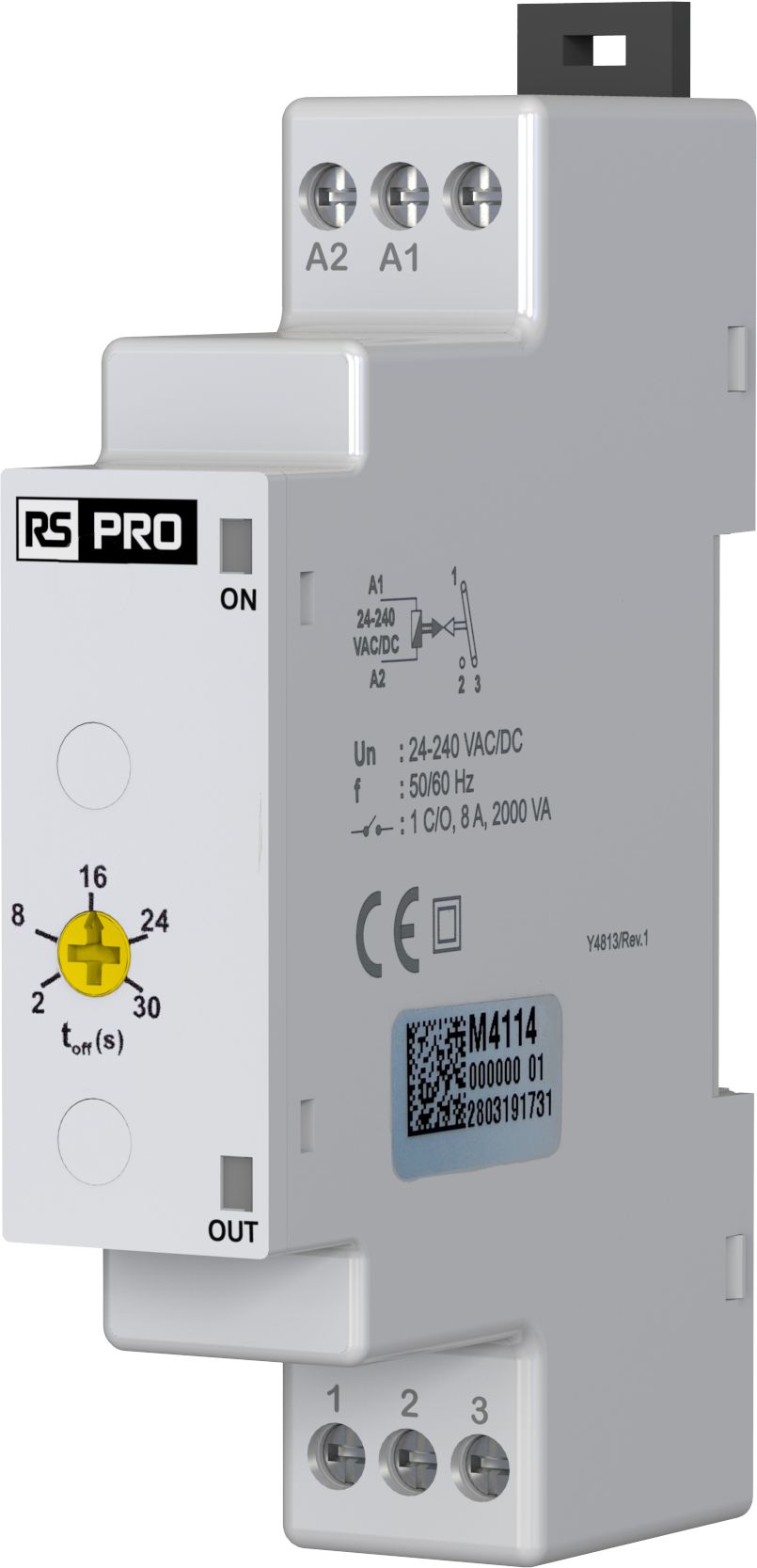 RS PRO DIN Rail Mount Timer Relay, 24 → 240V, 1-Contact, 2 → 30s, 1-Function, CO