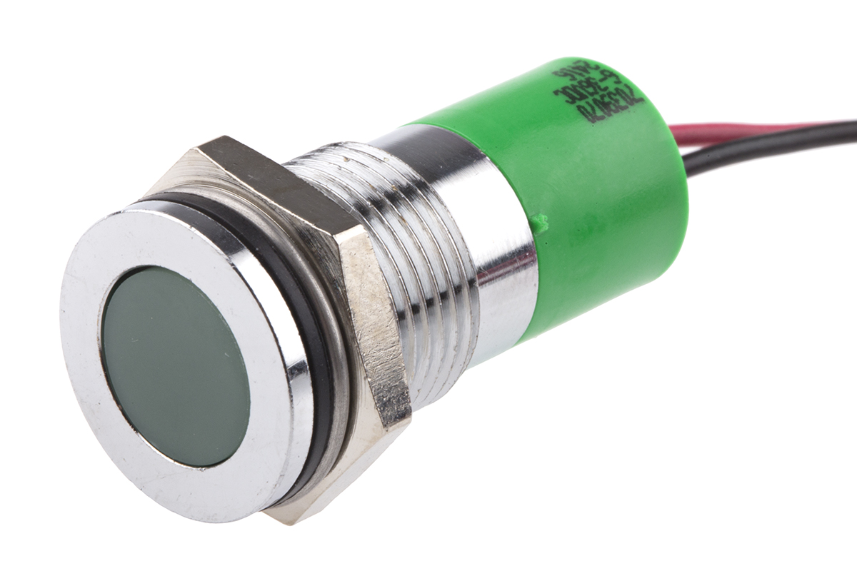 RS PRO Green Panel Mount Indicator, 6 → 36V dc, 14mm Mounting Hole Size, Lead Wires Termination, IP67