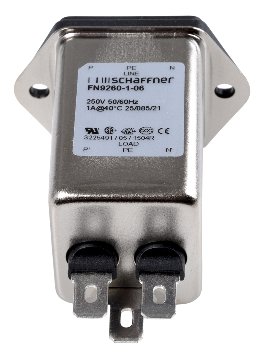 Schaffner 1A, 250 V ac Male Panel Mount IEC Inlet Filter FN9260-1-06, Faston None Fuse